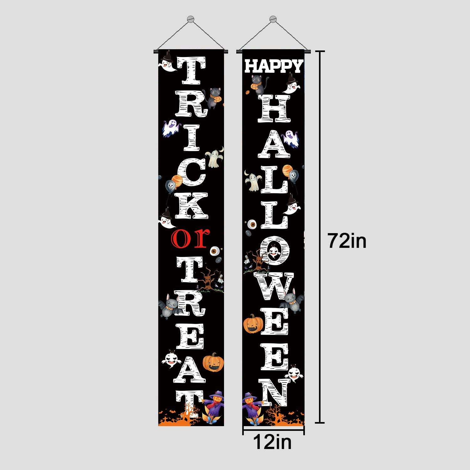 HAPPY HALLOWEEN TRICK OR TREAT Hanging Banner Porch Sign Pumpkin Ghouls Bat Cat Pattern Backdrop Flag For Indoor Outdoor Wall Door Decoration Happy Halloween Party Decorations 72"x12" 3