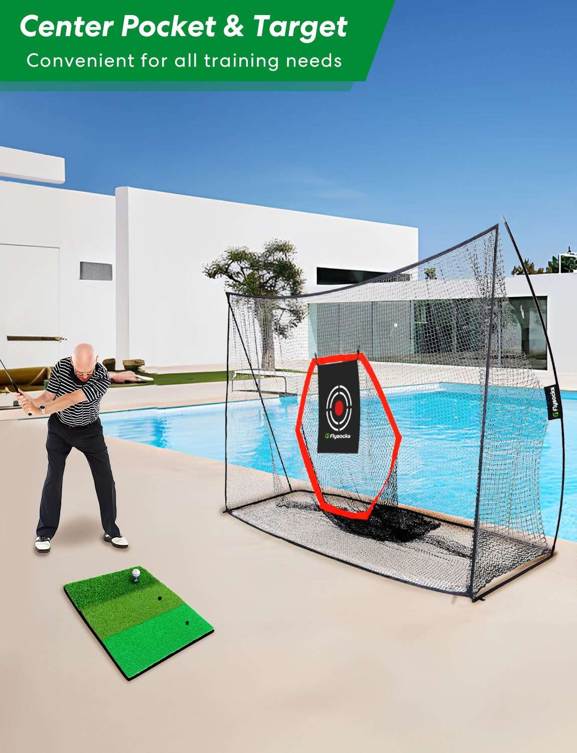 Flysocks 10x7 ft Golf Practice Hitting Net, Golf Nets with Mat, Center Target, 8 Golf Balls, 9 Tees, 2 Marking Pens, for Backyard Driving, Indoor Outdoor Golf Chipping Training Net 6