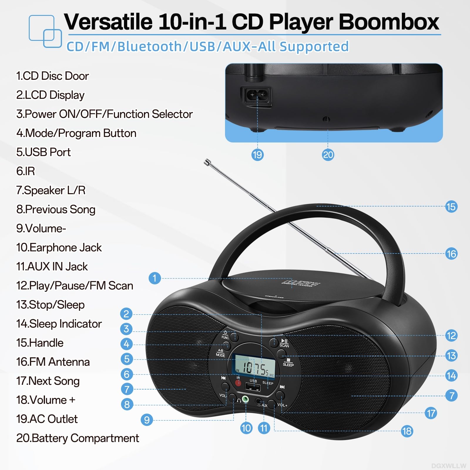 DGXWLLW Portable CD Player Boombox for Home with FM Radio, CD-R/CD-RW/MP3 CDs Playback, Remote Control, Bluetooth, USB Port, 3.5mm AUX-in & Headphone Jack, LCD Display, Sleep Timer, Dual Stereo Sound 3