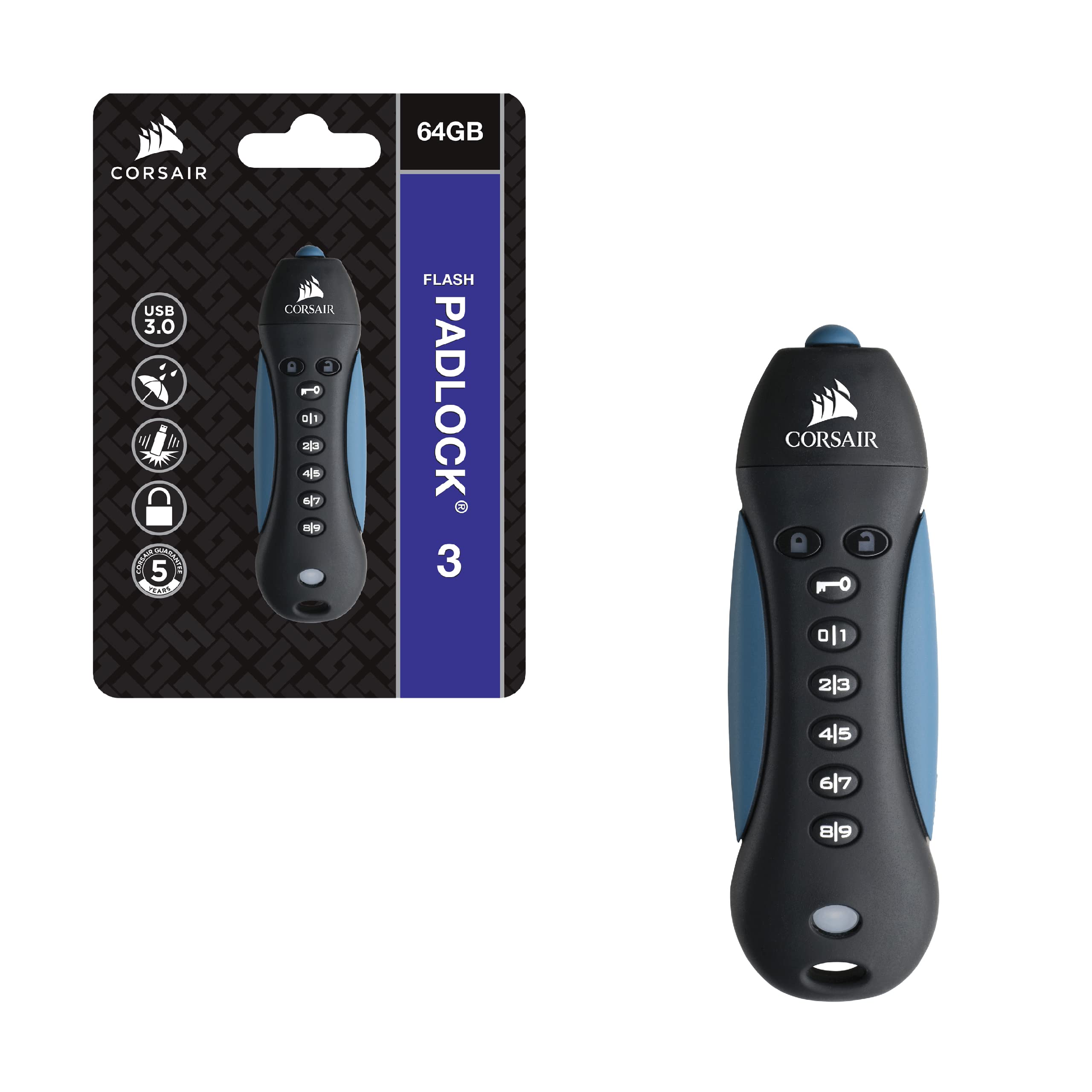 Corsair Flash Padlock 3, 256 GB Secure USB 3.0 Flash Drive with Keypad (256-bit AES Encryption, FIPS 197 Security Standards, Ruggedised Rubber Housing, Built-in PIN Pad) Black/Blue 6