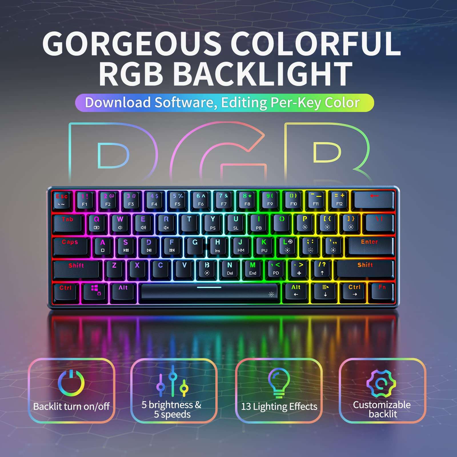 Punkston TH61 60% Mechanical Gaming Keyboard,RGB Backlit Wired Ultra-Compact Mini Mechanical Keyboard Full Keys Programmable Black (Optical Red Switch) 5