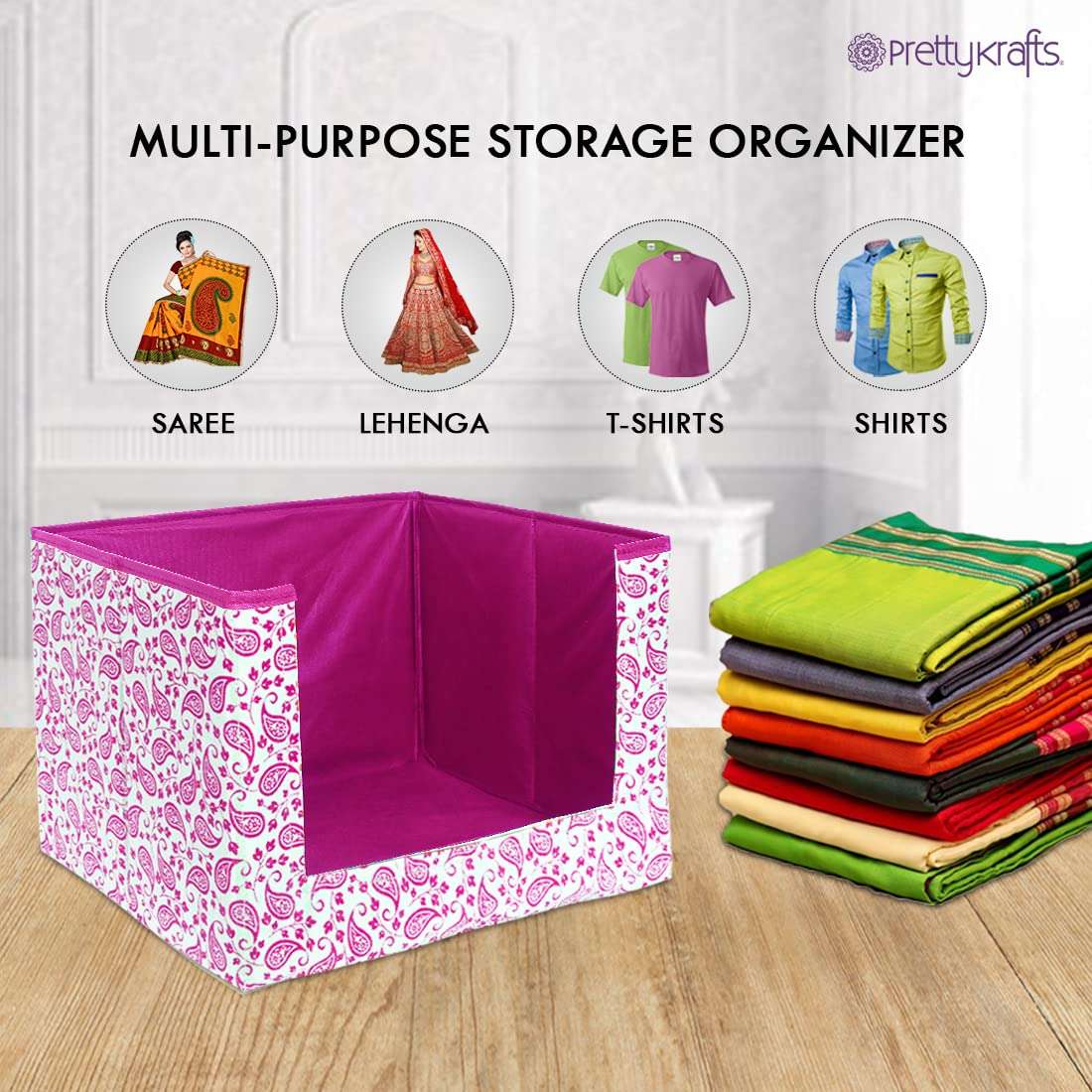 PrettyKrafts Saree Stacker, Foldable, Wardrobe organizer, Clothes Storage, Stackable and Foldable Pink Leaves, Set of 2 3