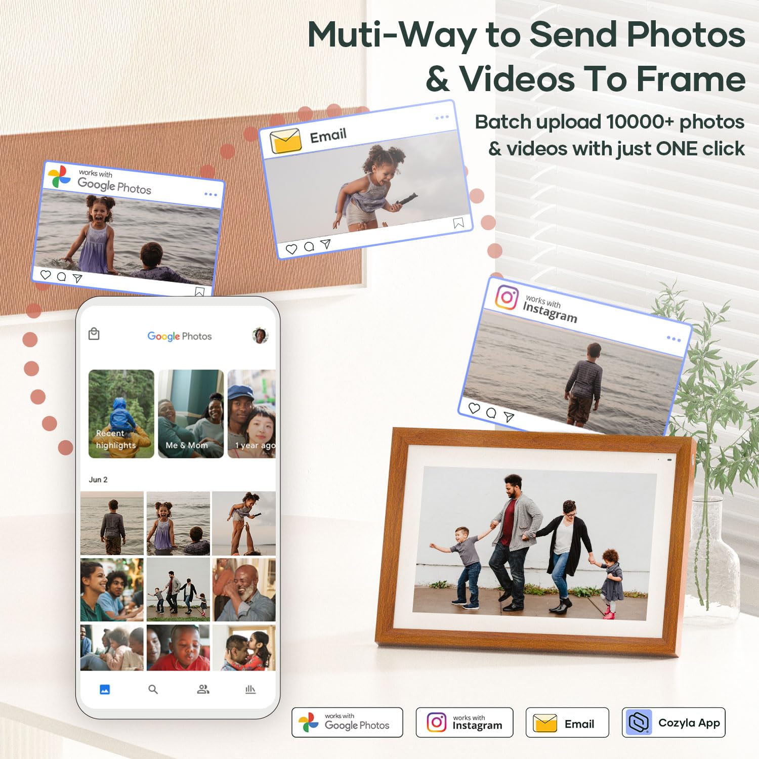 Cozyla Digital Picture Frame Multi Platform to Send Photos and Videos via Email Google Photos Instagram Phone App Free Unlimited Storage Built-in Alexa Photo Frame Electronic WiFi 10.1 Inch White 2