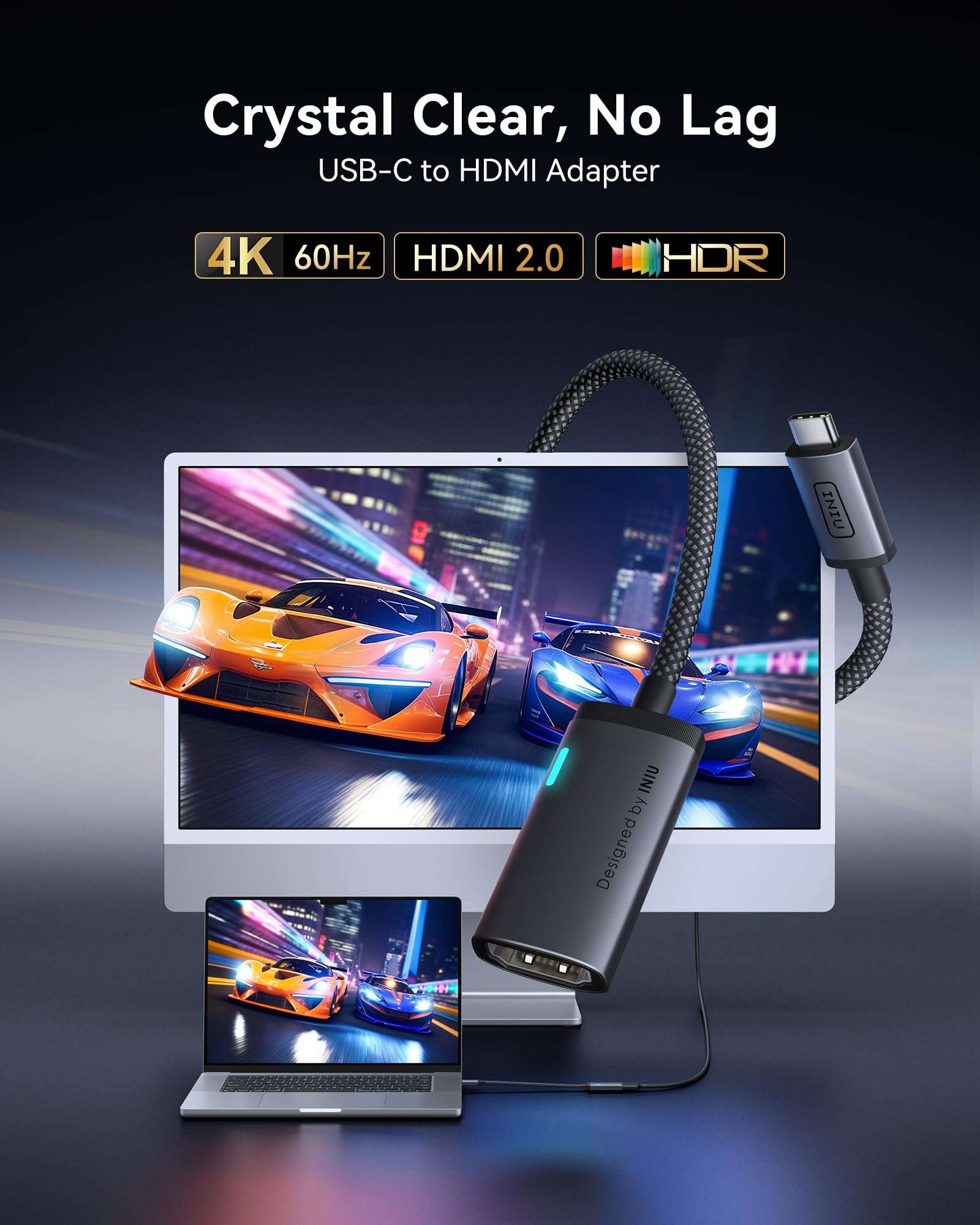 INIU USB C to HDMI Adapter (4K@60Hz), USB-C Adapter (4K HDMI), for MacBook Pro, MacBook Air, iPad Pro, iMac, iPhone 17 16 Pro Max, Pixelbook, Surface Pro, Dell, XPS, Galaxy, and More 3