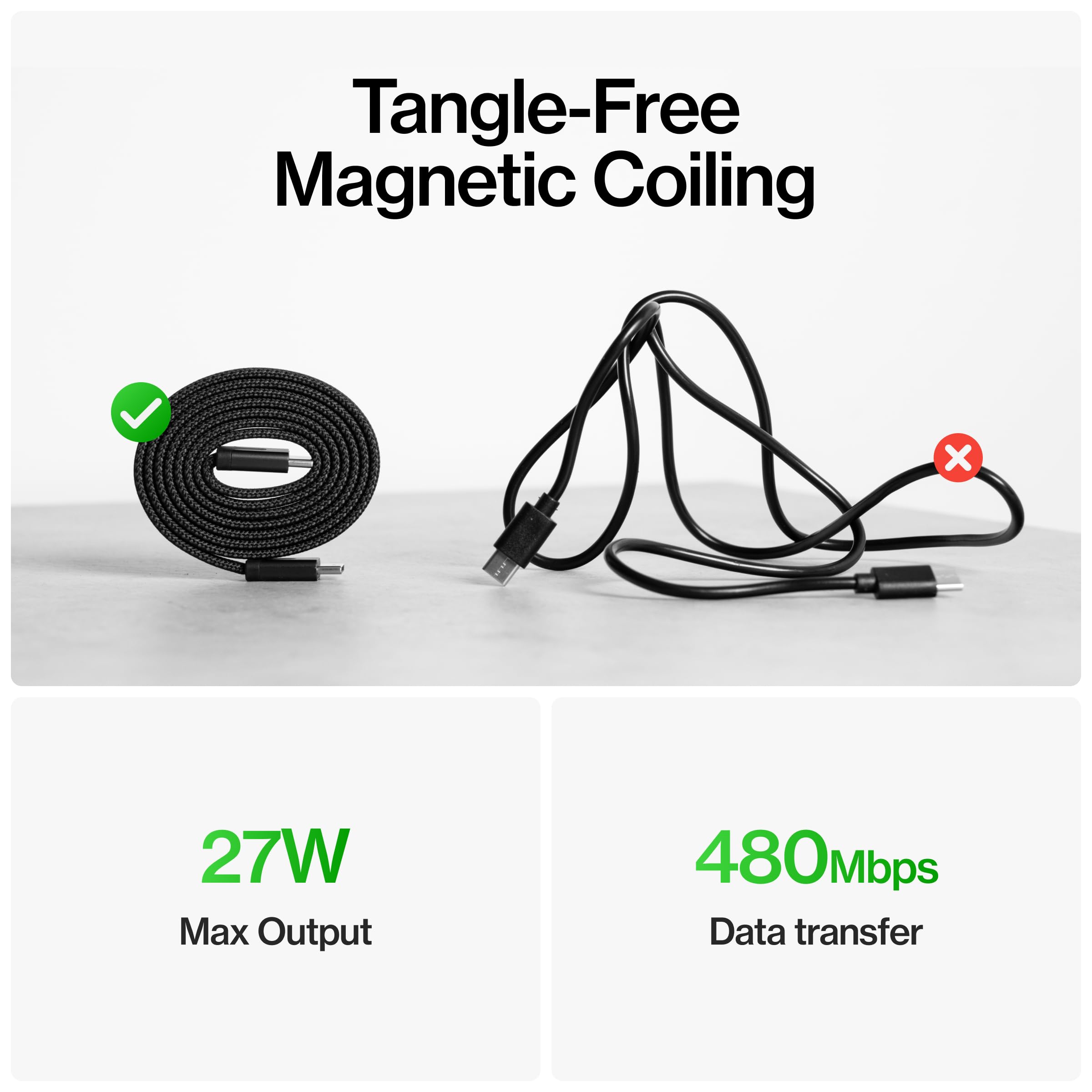 Statik MagStack Slim - USB to USB C Cable, Magnetic Anti Tangle Flat A to Type C Charger Fast Charging Cord, Magnetic Charging Cable, Compatible with iPhone, iPad & Android, 27W 6FT, 5-Pack 4