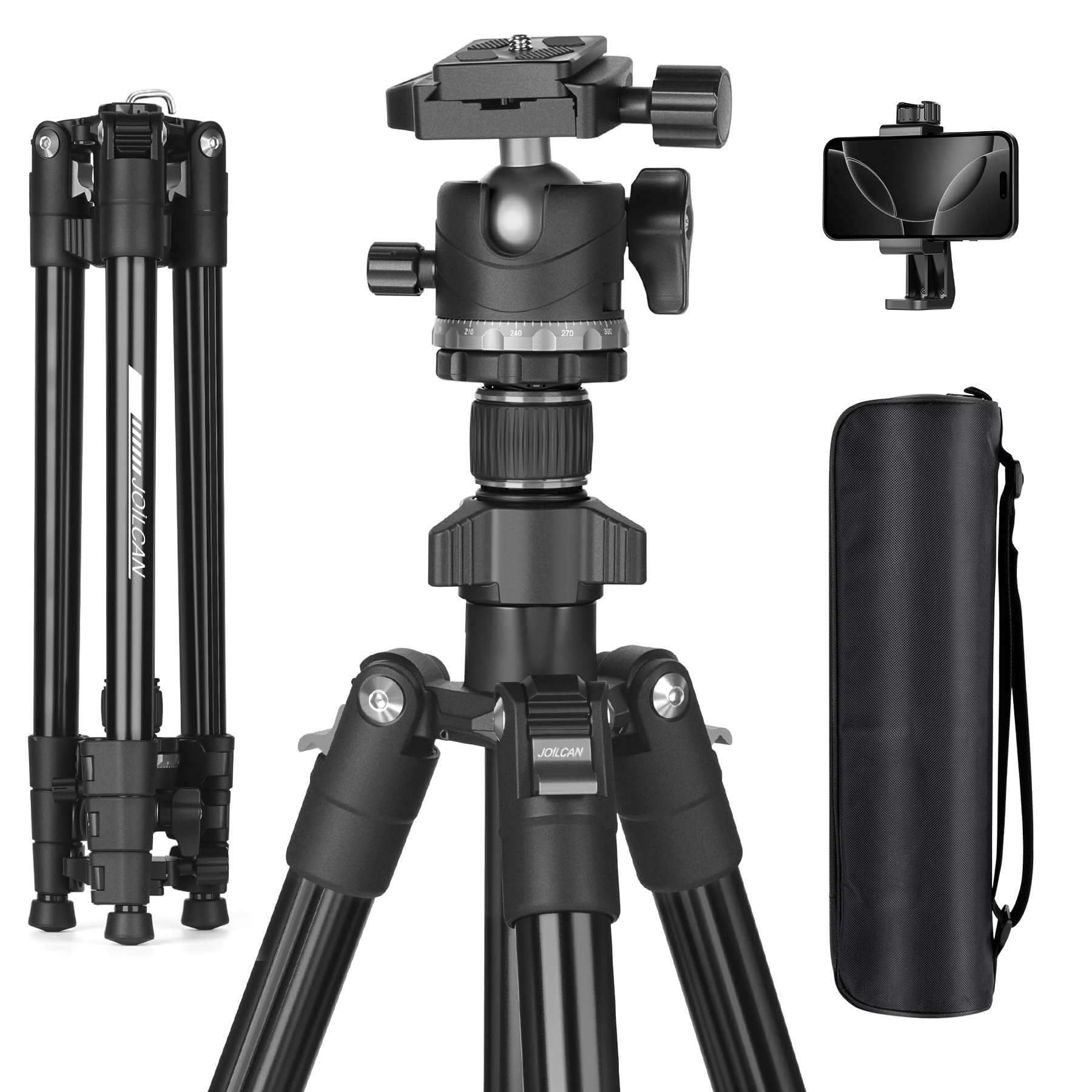 JOILCAN 66" Camera Tripod, Lightweight Travel Tripod with 360° Ball Head & Phone Holder, 22lbs Max Load for DSLR, Camera, Phone, Video & Photography (Grey) 1