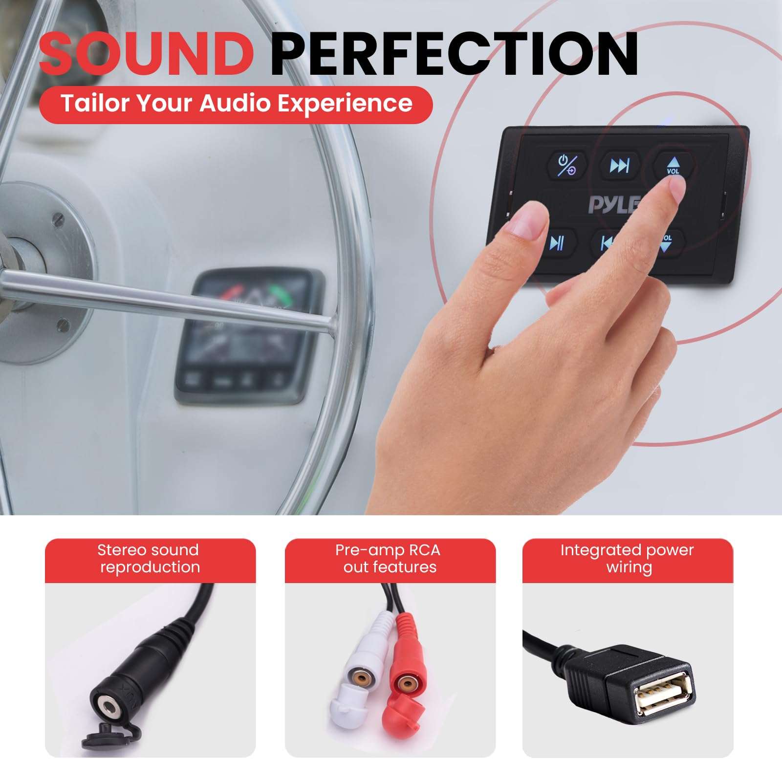 Pyle Marine Bluetooth Receiver and Audio Controller Kit, Wireless Bluetooth Adapter for Stereo with IPX6 Mic, AUX/USB Input, Audio Transmitter and Receiver for Boats, UTVs, and ATVs, 3.8”x2.2”x1.9” 6