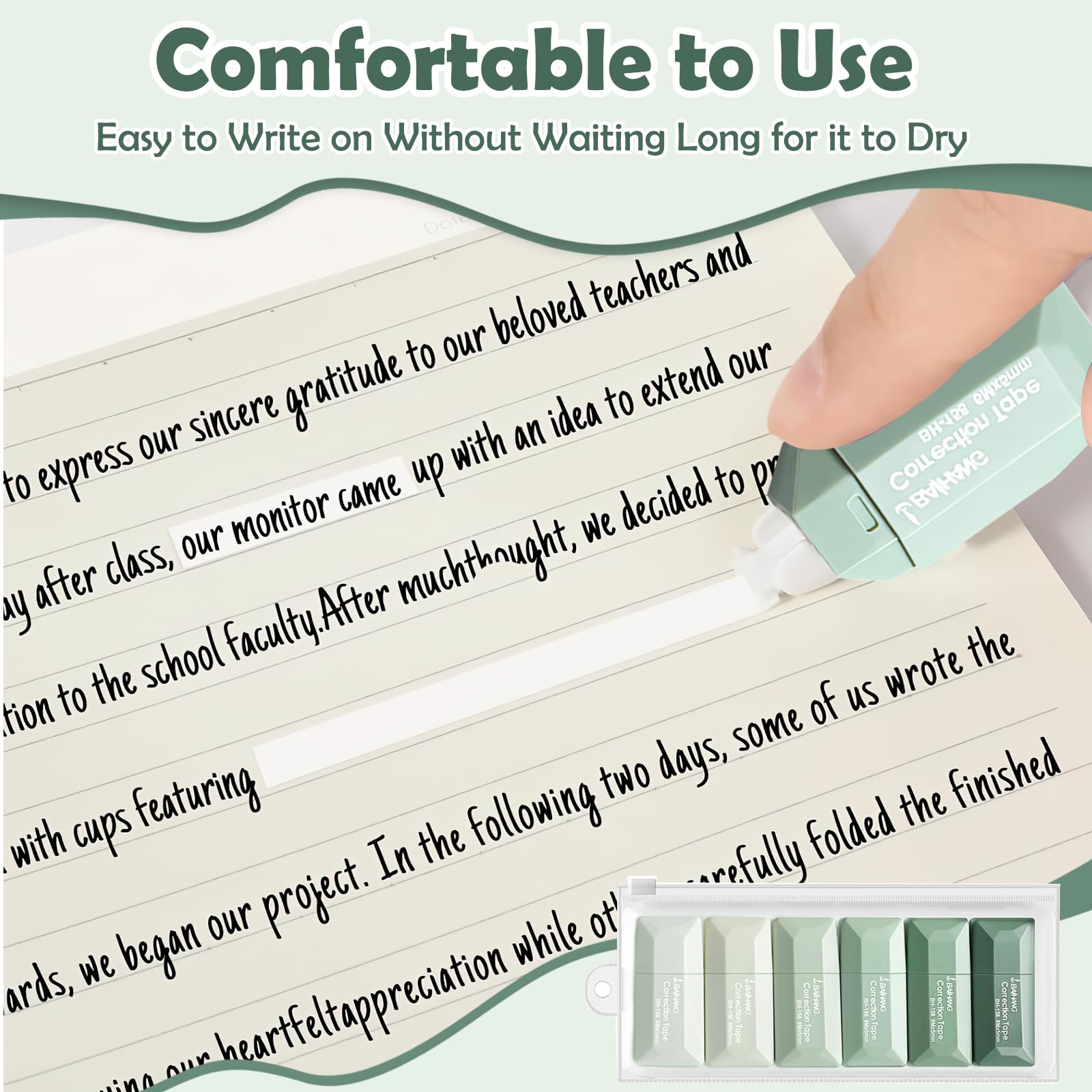 CoolShef 6 Pcs Mini Correction Tape Set – Cute Whitener Tape Refill Roll, Quick Dry Smooth Pull Correction Pen, Tape Whitener, Easy to Use for School Office Supplies (Green) 6