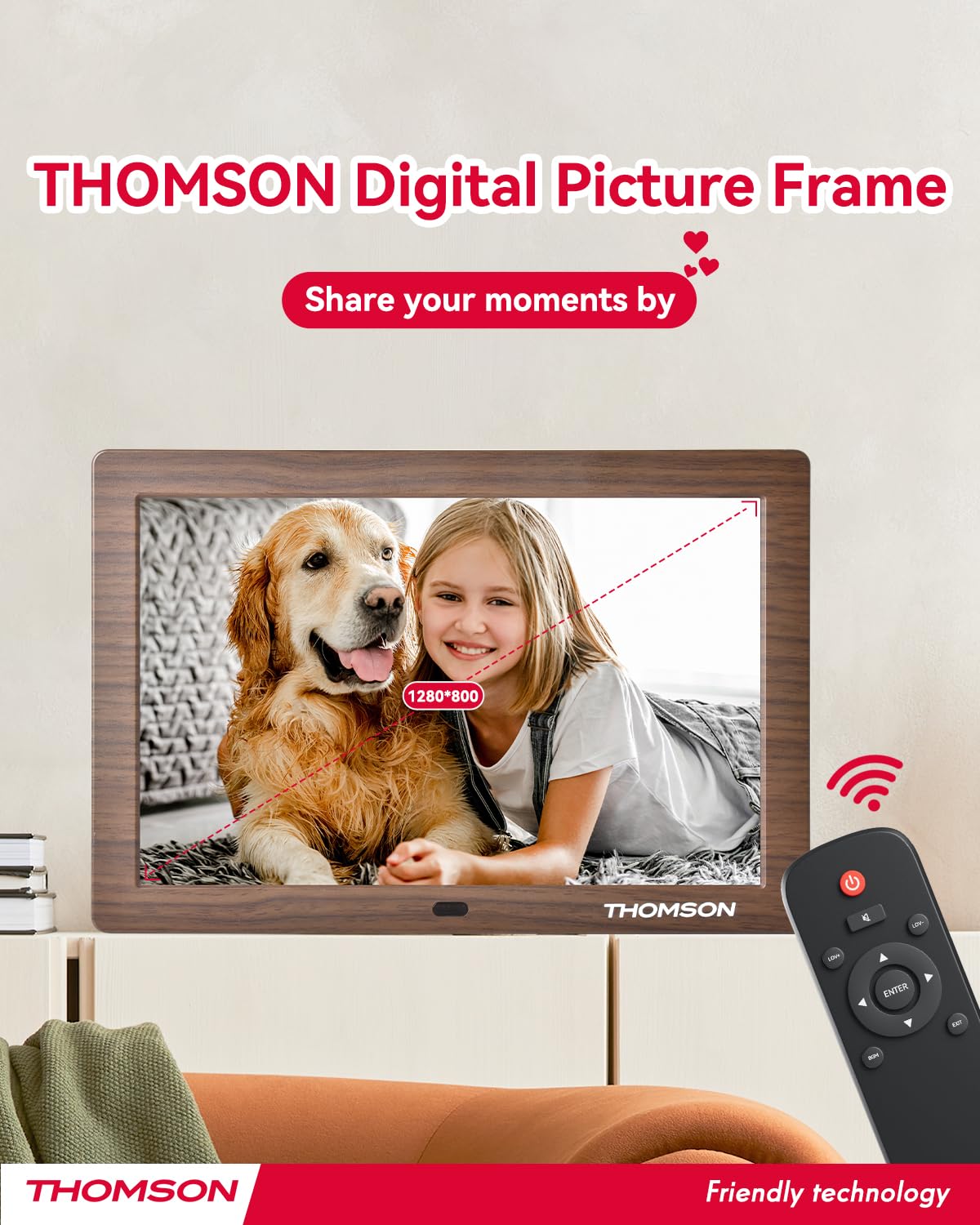 THOMSON 8" Digital Picture Frame, 1280 * 800 IPS Full View Ultra Clear Screen with Remote Control, Wooden Frame, Share Videos Photos Send Wishes Auto-Rotate Slideshow Non-WiFi (8 Inch Non-WiFi) 3