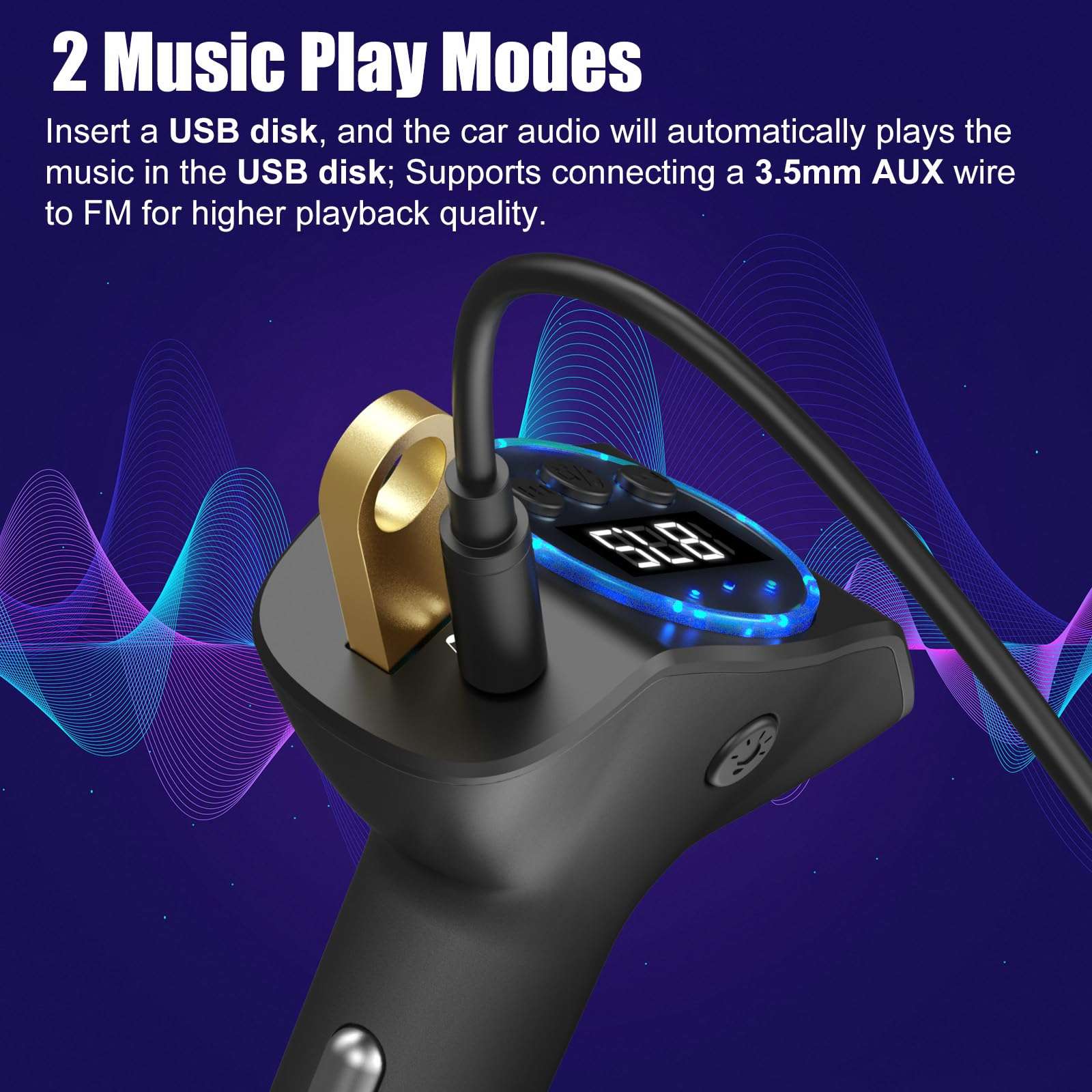 pgraded Bluetooth FM Transmitter for Car, PD30W/QC18W Dual USB Auto Charger Adapter, 7-Color LED Mood Light, Wireless FM Radio Car Kit Bluetooth 5.3 Hands-Free with Music Control & Noise Cancellation 6