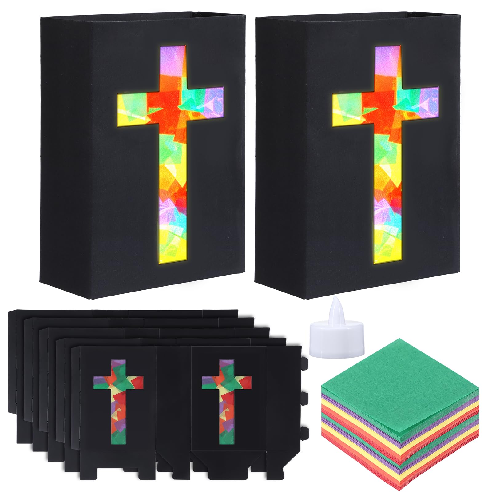 Resurhang 16 Set 2026 VBS Cross Lantern Craft Kit DIY Illumination Theme Faux Stained Glass Paper Lanterns with LED Candle Lights Religious Easter Make Your Own Craft Bulk for Church Vacation Holiday 1