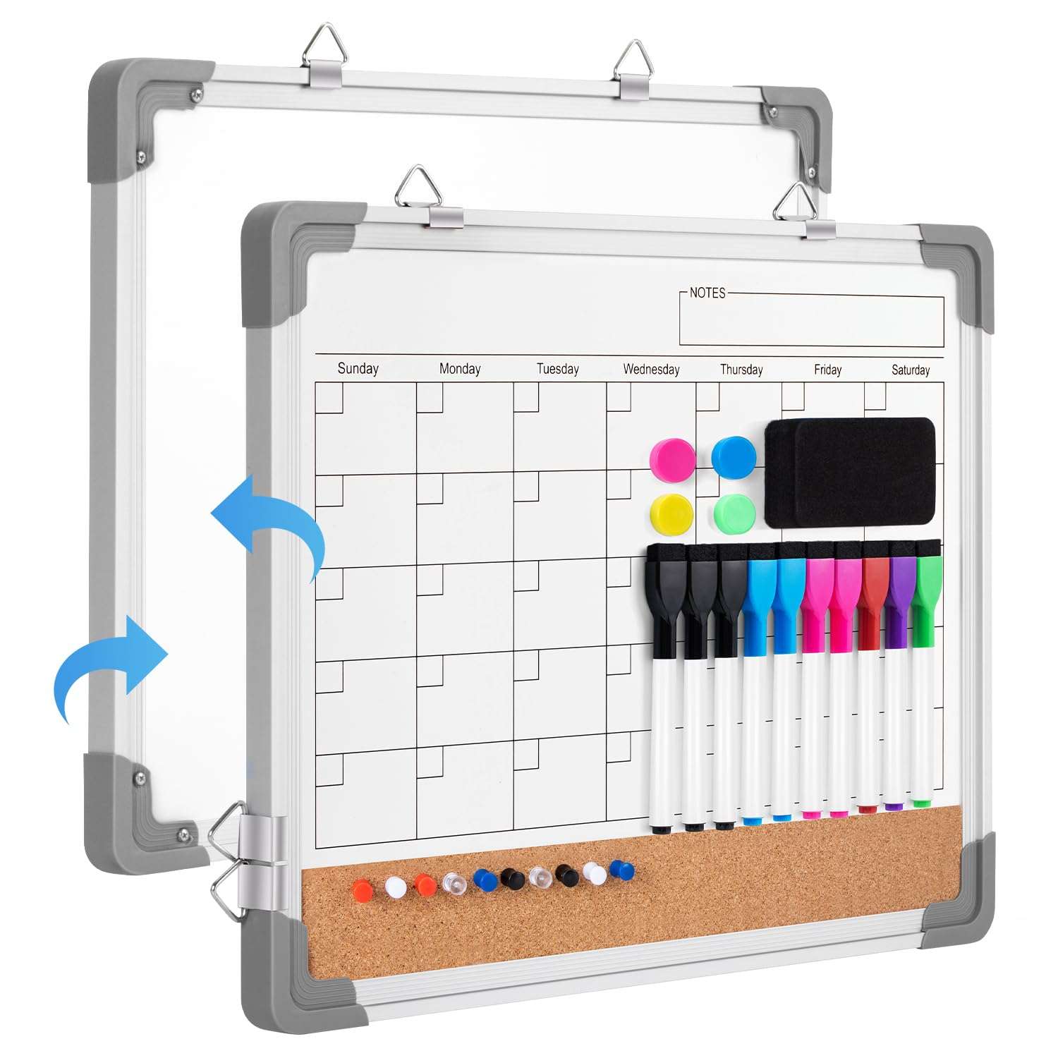VUSIGN Monthly Calendar White Board Dry Erase Cork Board Combination for Wall, 17''x13'' Double-Sided Magnetic Dry Erase Board, Portable Calendar Bulletin Board for Office, Kitchen, School, Home 1