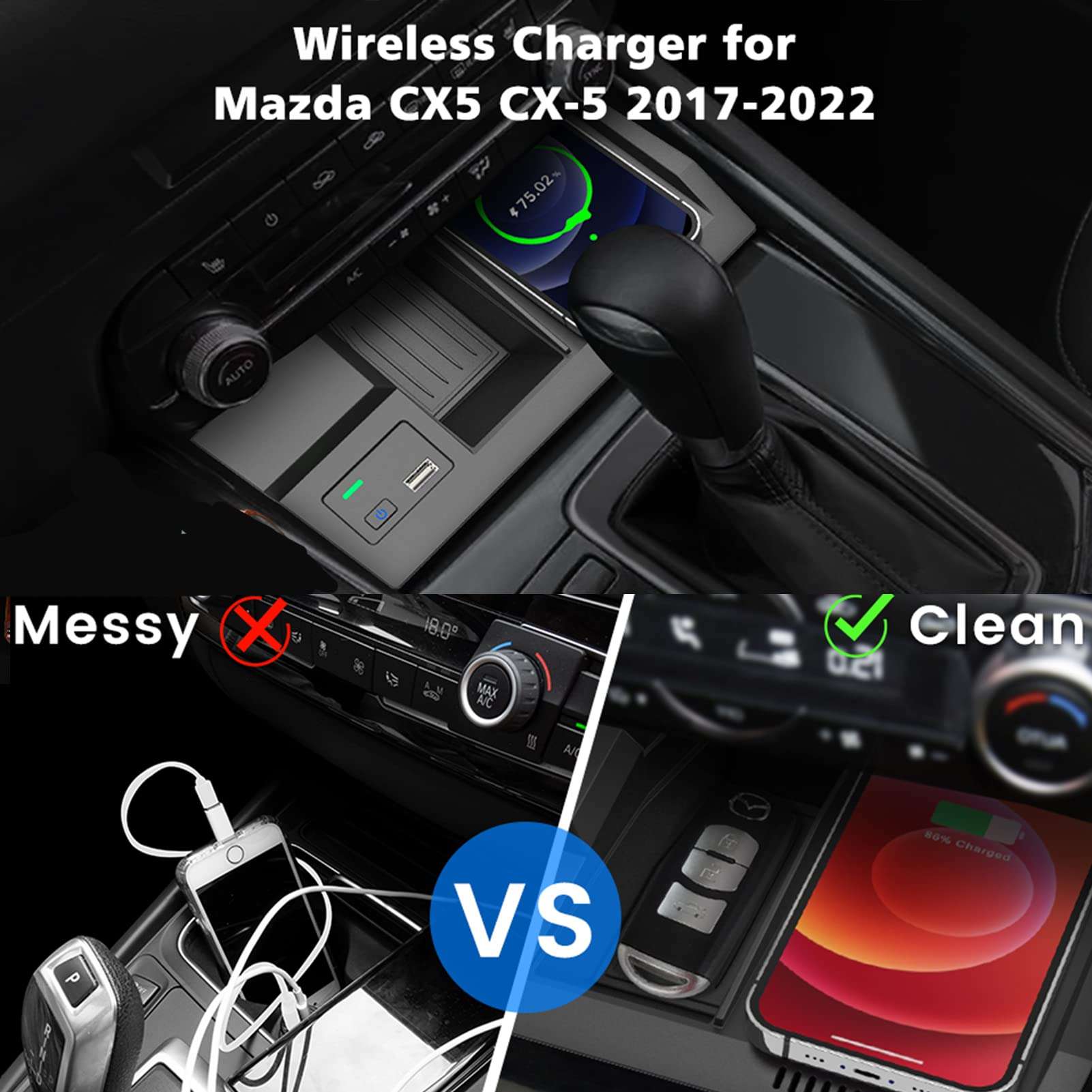 Wireless Car Charger Compatible with Ma/zda CX5 CX-5 2017 2018 2019 2020 2021 2022 2023 Center Console Accessory Panel, 15W Qi Fast Charging with USB QC3.0 Ports 4