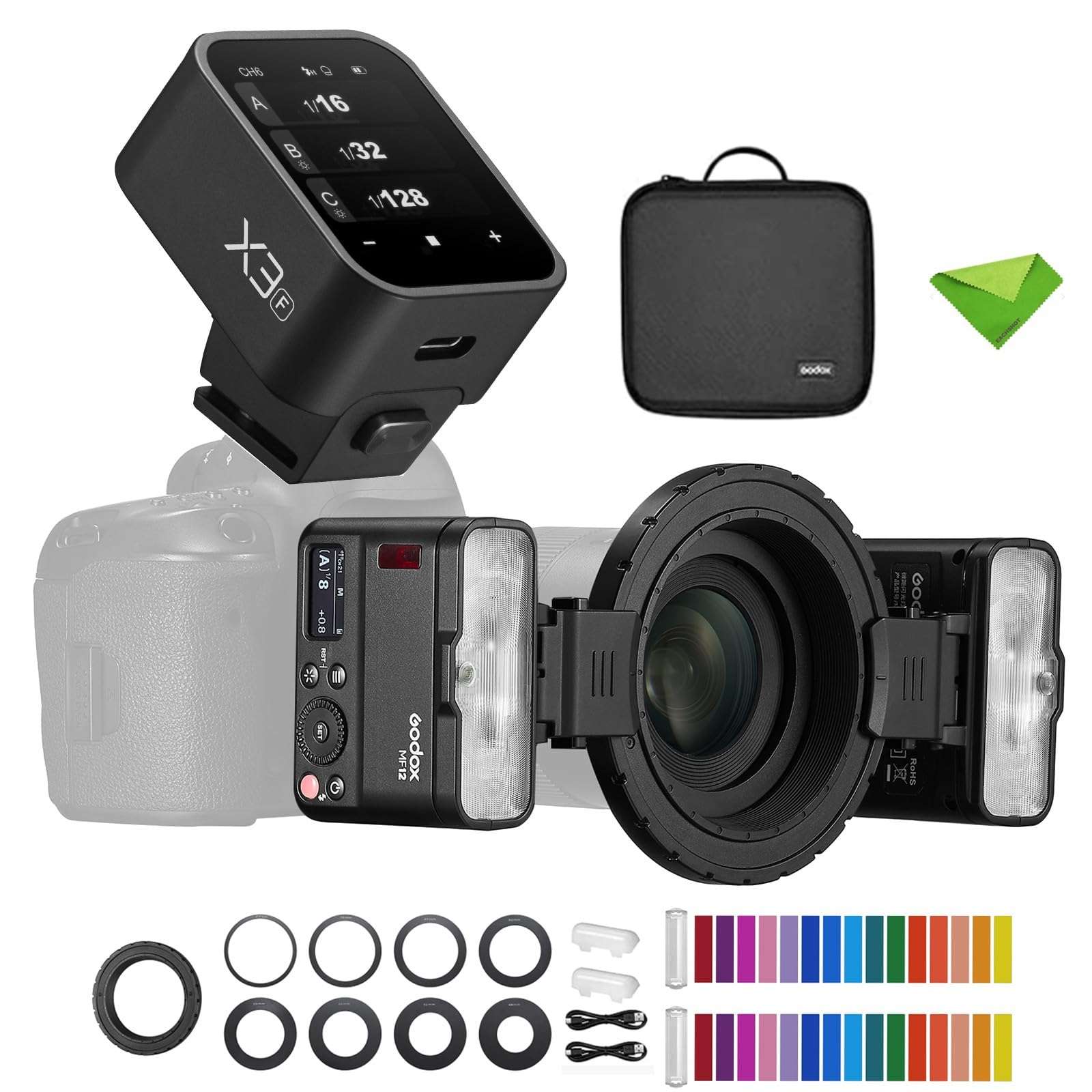 Godox MF12 MF12-K2 Macro Flash with X3-F Flash Trigger for Fuji, Off-Camera TTL Flash Speedlite 12W, 2.4G Wireless Control,TTL/M Mode,Built-in 3.7V/6.29W Lithium Battery, Flash for Fujifilm Cameras 1