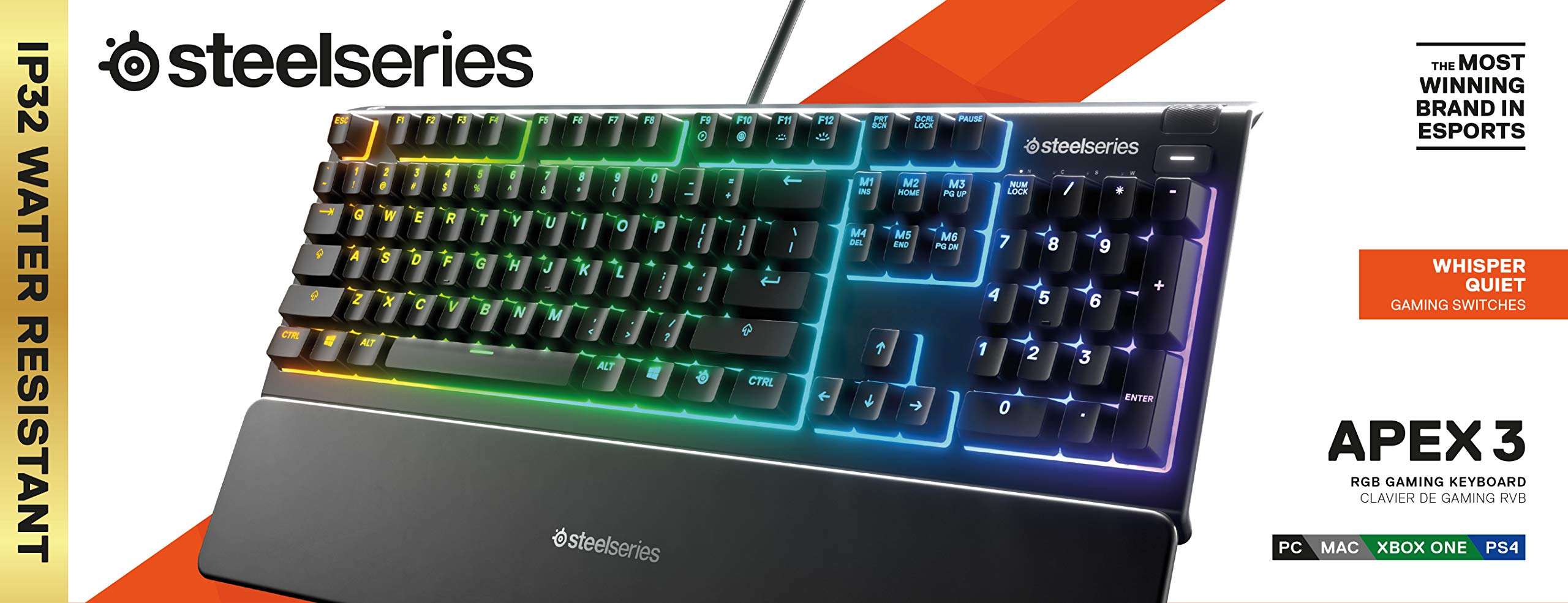 SteelSeries Apex 3 RGB Gaming Keyboard – 10-Zone RGB Illumination – IP32 Water Resistant – Premium Magnetic Wrist Rest (Whisper Quiet Gaming Switch) - BR (Brazilian Portuguese) 5