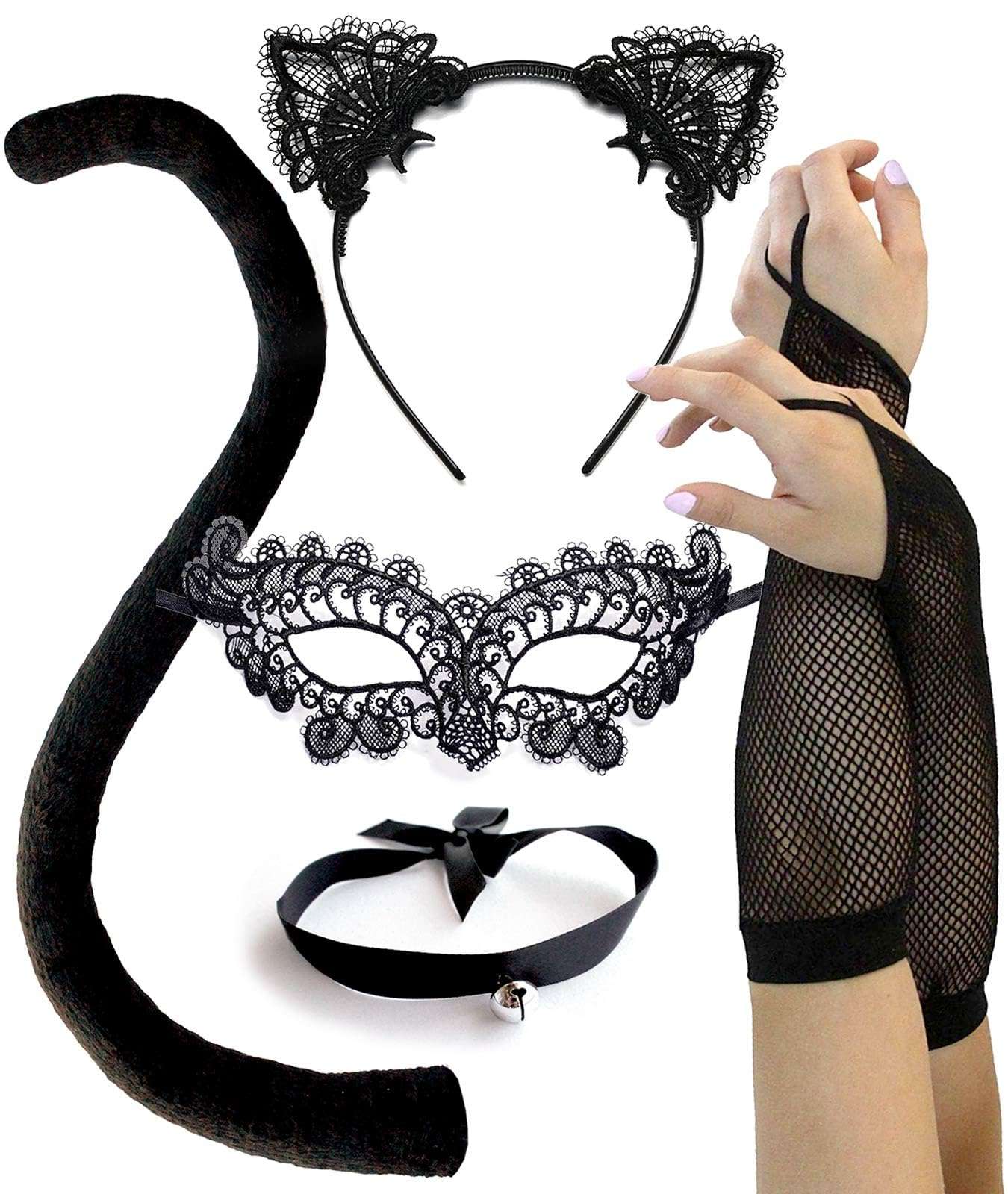 Black Cat Costume for Women, Halloween Masquerade Mask, Lace Ears, Gloves, Tail, Choker Necklace 1