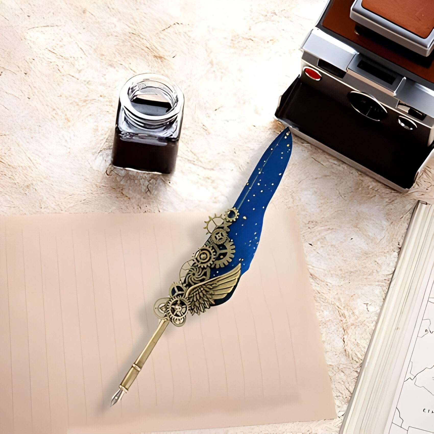 VINTAGER Antique Calligraphy Pen With Ink, 5 Nibs, Pen Stand Base, Vintage Carving Feather Pen Set, Refillable Ink Dip Pens For Writing, Drawing, Signature, Decoration (Multicolor) 5