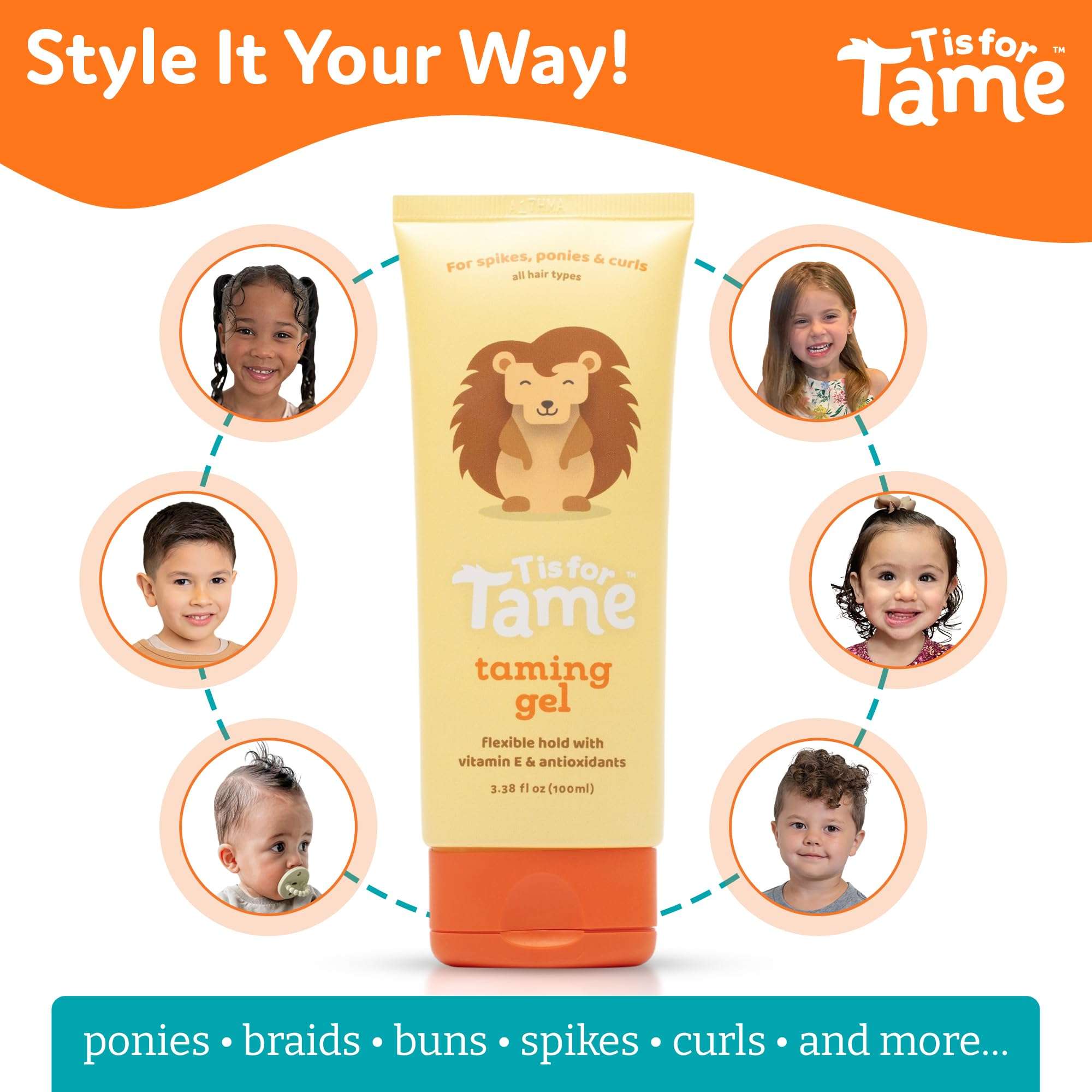 T is for Tame Taming Gel - Boys & Girls Baby Hair Styling Gel for Frizz Control, Flyaways - Natural Toddler, Kids Hair Tamer, Flexible Hold, 3.38fl oz, 1 Pack 3