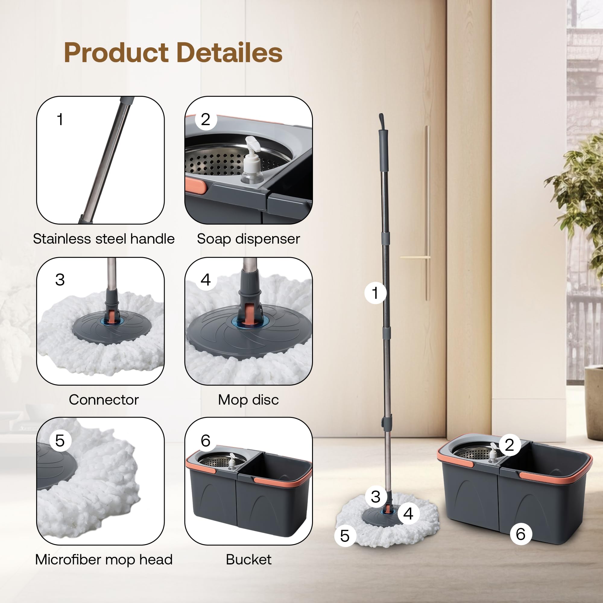 BonKaso Twin Spin Mop Set | 1 Bucket, 1 Handle & 2 Microfiber Mop Heads with Stainless Steel Wringer | 360° Easy Floor Cleaning for Home & Office 6