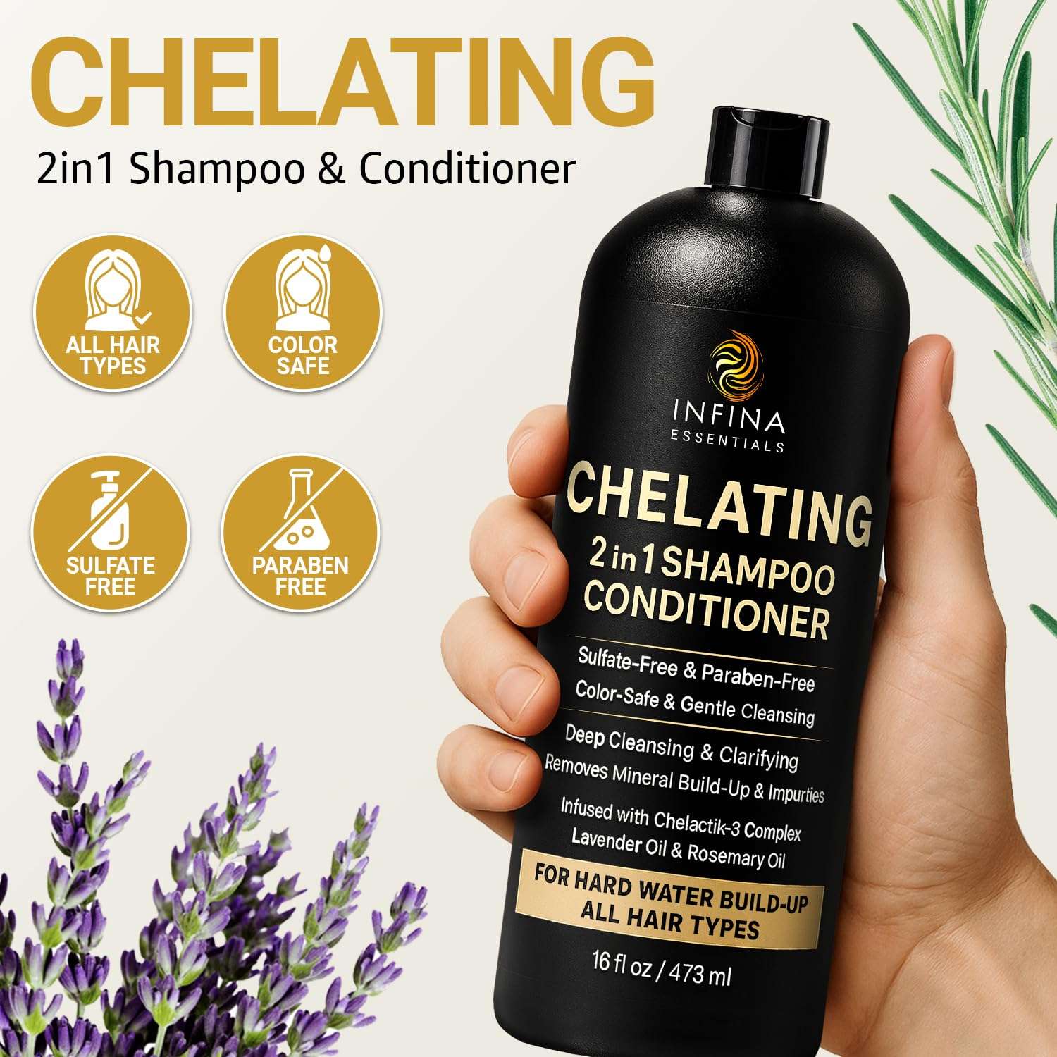 Hard Water Shampoo and Conditioner – 2-in-1 Chelating Cleanser for Buildup Removal, Soft & Shiny Hair – With Chelactik-3 Complex, Amodimethicone & Rosemary Oil – Sulfate-Free - Color Safe – 16 fl oz 6