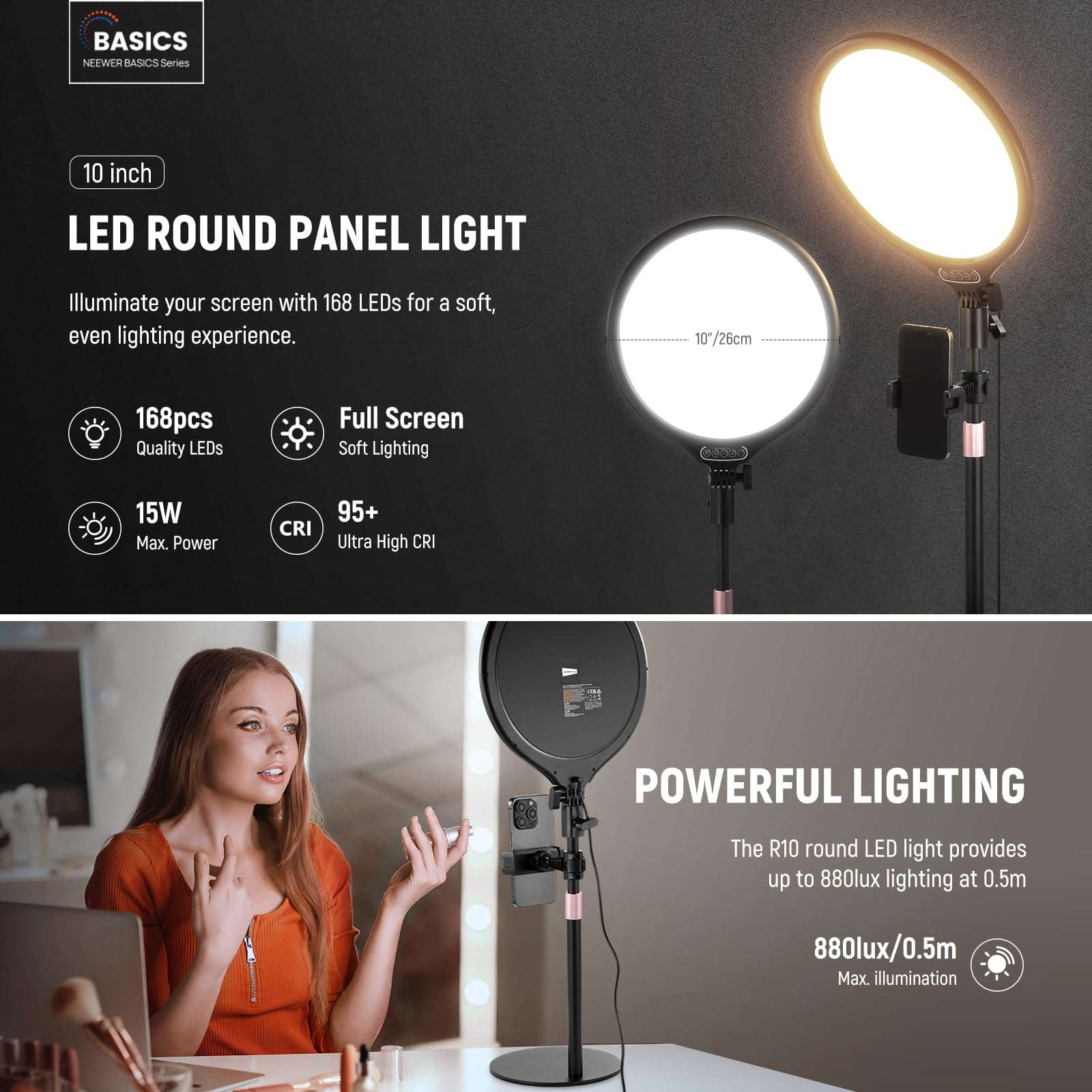 NEEWER Basics 2 Pack 10.5" Desktop LED Ring Light with Stand for Desk/Phone Holder, 3000-6500K Full Screen 15W Panel Lighting for iPhone Recording Streaming Selfie Laptop Webcam Video Conference, R10 3