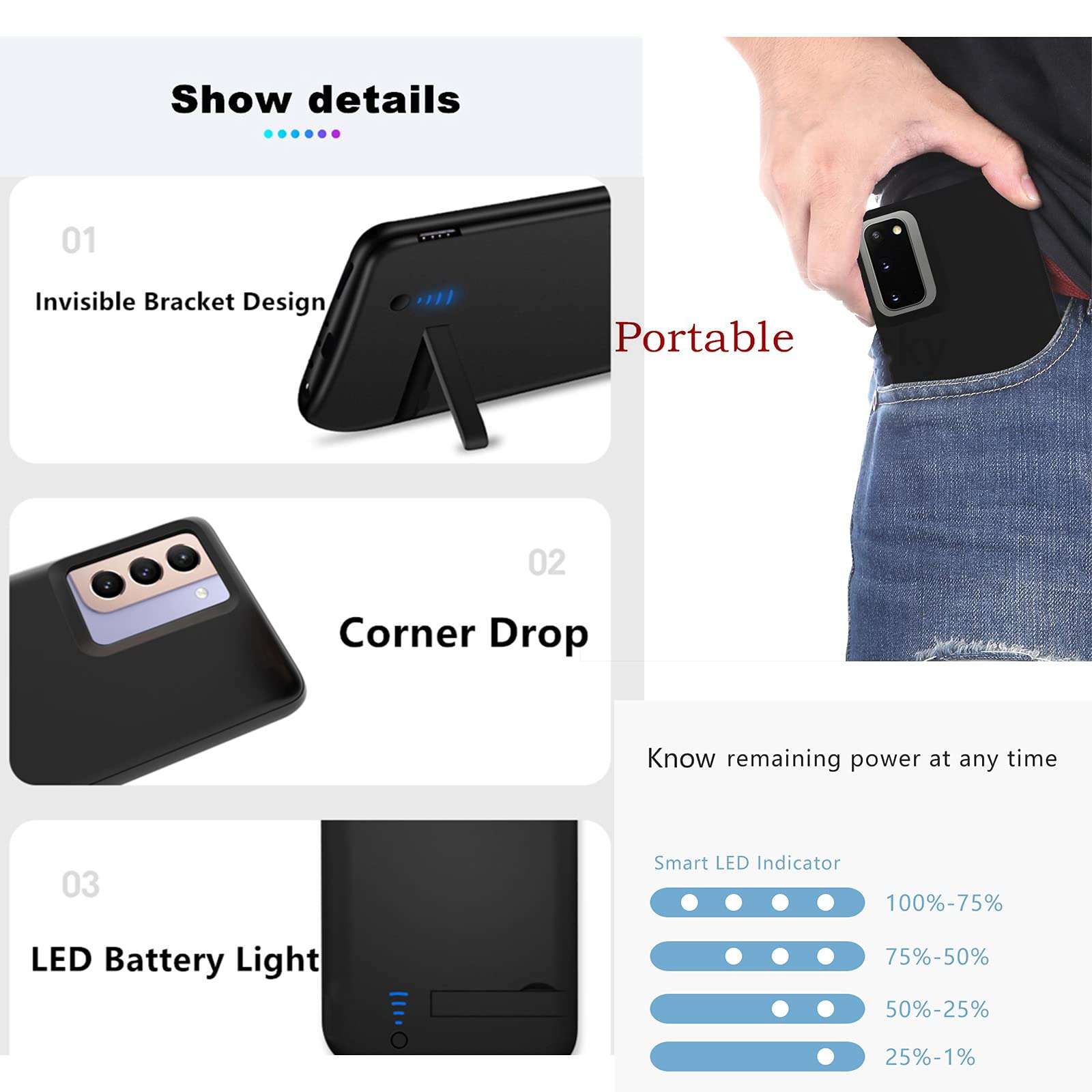Galaxy S21 Battery Case, Extended 4800mAh Power Bank Portable Charger Case for Samsung Galaxy S21 5G Charging Cover with Screen Protector Camera Protectors,Not Compatible with S21+ or S21 Ultra S21fe 4