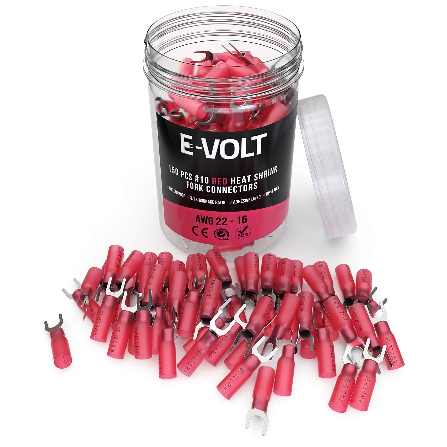E-VOLT 150 Fork Crimp Connectors – 3:1 Adhesive Heat Shrink Red Crimp Terminals for 22 20 18 16 Gauge Wires – Industrial Grade Insulated Wire Crimps for Marine, Automotive and Audio Use 1