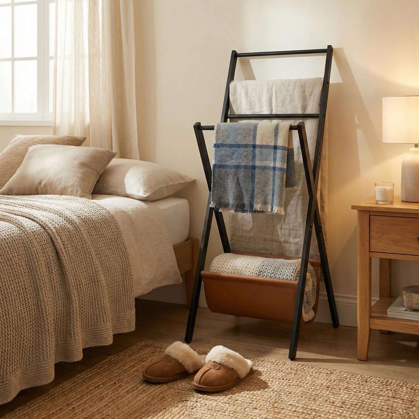 MyGift Blanket Ladder, Freestanding Blanket and Towel Rack with 4 Crossbars and Tan Leatherette Magazine Storage Holder – Modern Metal Floor Living Room or Bathroom Organizer Stand 5