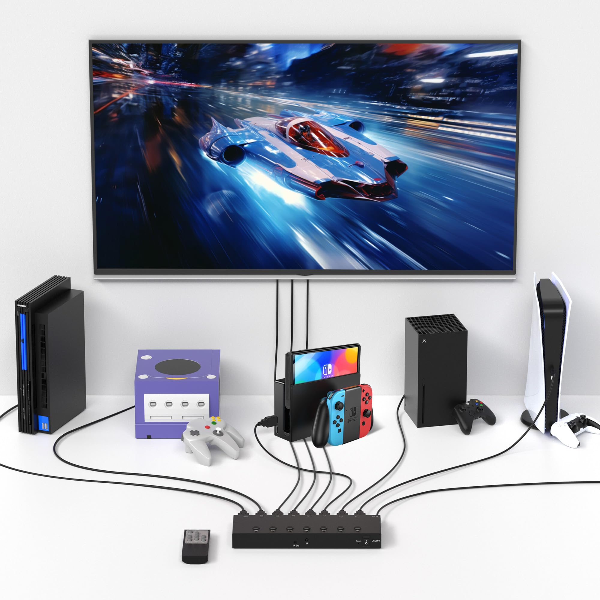 4K@60Hz 7 in 1 Out HDMI Switch, 7 Port HDMI Switcher Selector Support HDR10 & HDCP 2.2 & Full 3D with IR Remote Control and ON/Off Switch for Nintendo Switch,Xbox PS5/PS4,Fire Stick,Roku,Apple TV 6