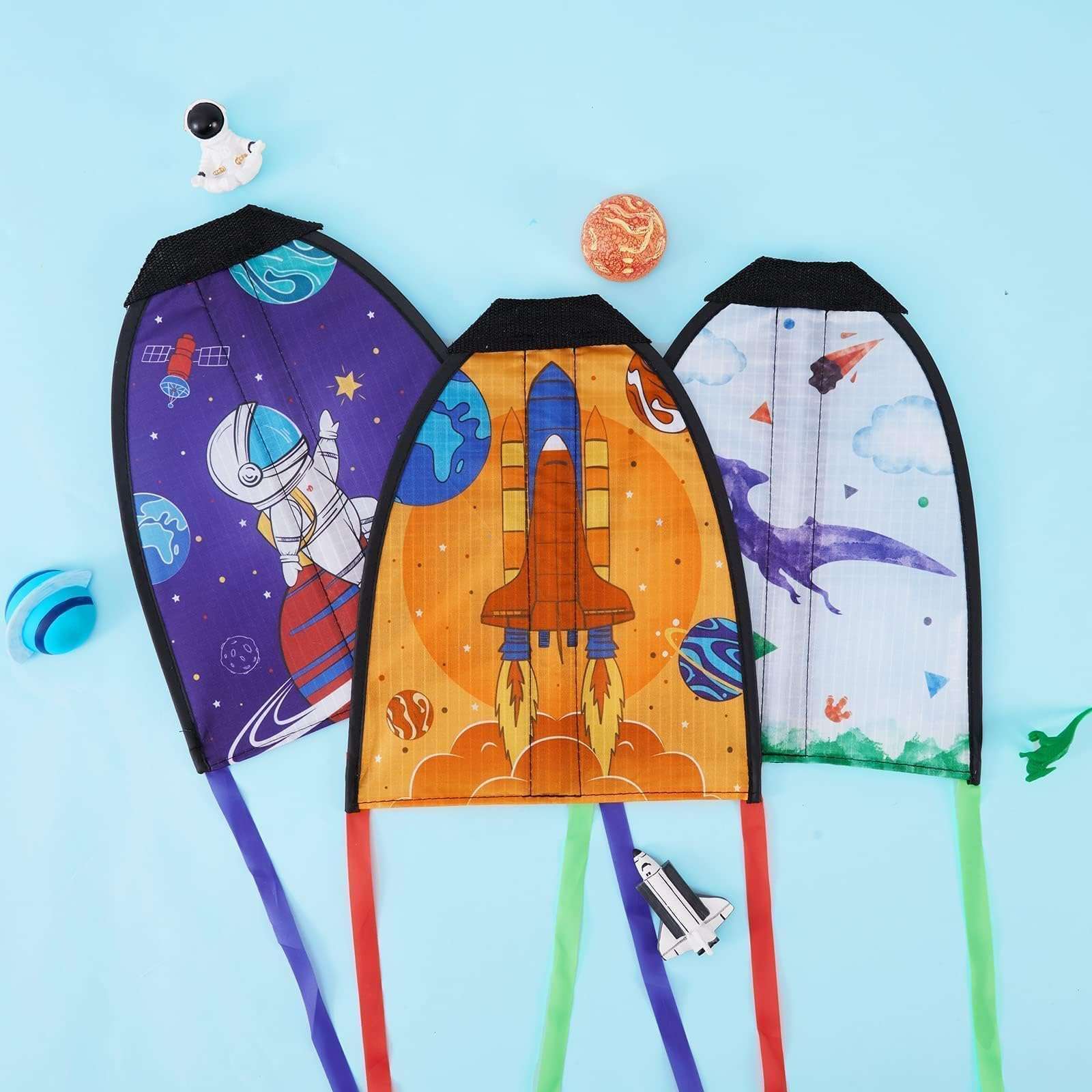 3 Pcs Mini Slingshot Kites - Thumb Ejection Kite Beach Toys Gift for Kids Teens Age 4-18 Years Old Easy to Fly Waterproof Stringless Beach Kite Small Funny Outdoor Sports Toy Dinosaur Rocket Style 4