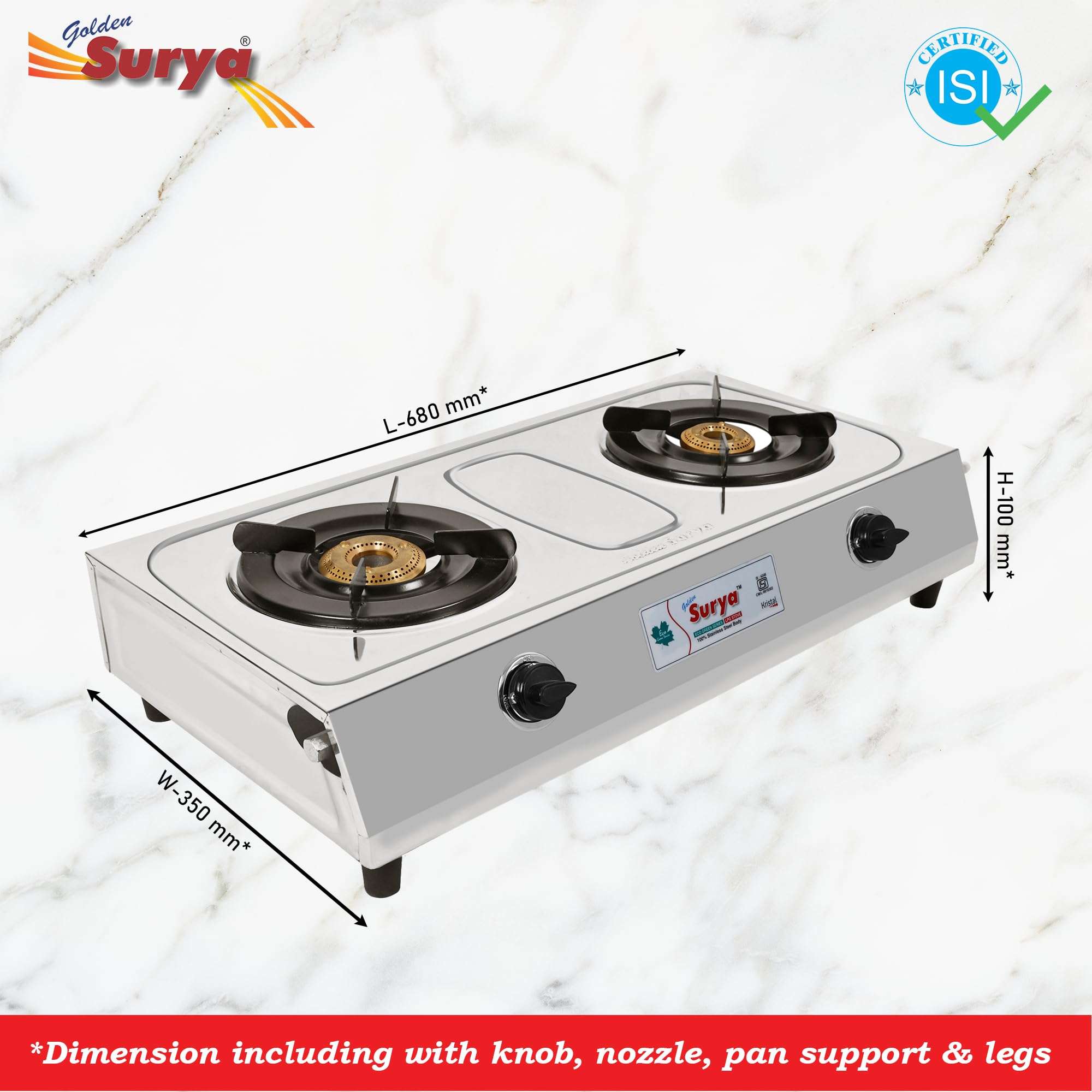 GOLDEN SURYA Manual Ignition Premium Stainless Steel High Efficiency 2 Burner Gas Stove, 18 Months Warranty, Chula Gas, ISI Certified, With Electronic Gas Lighter Free (Kristal) 4