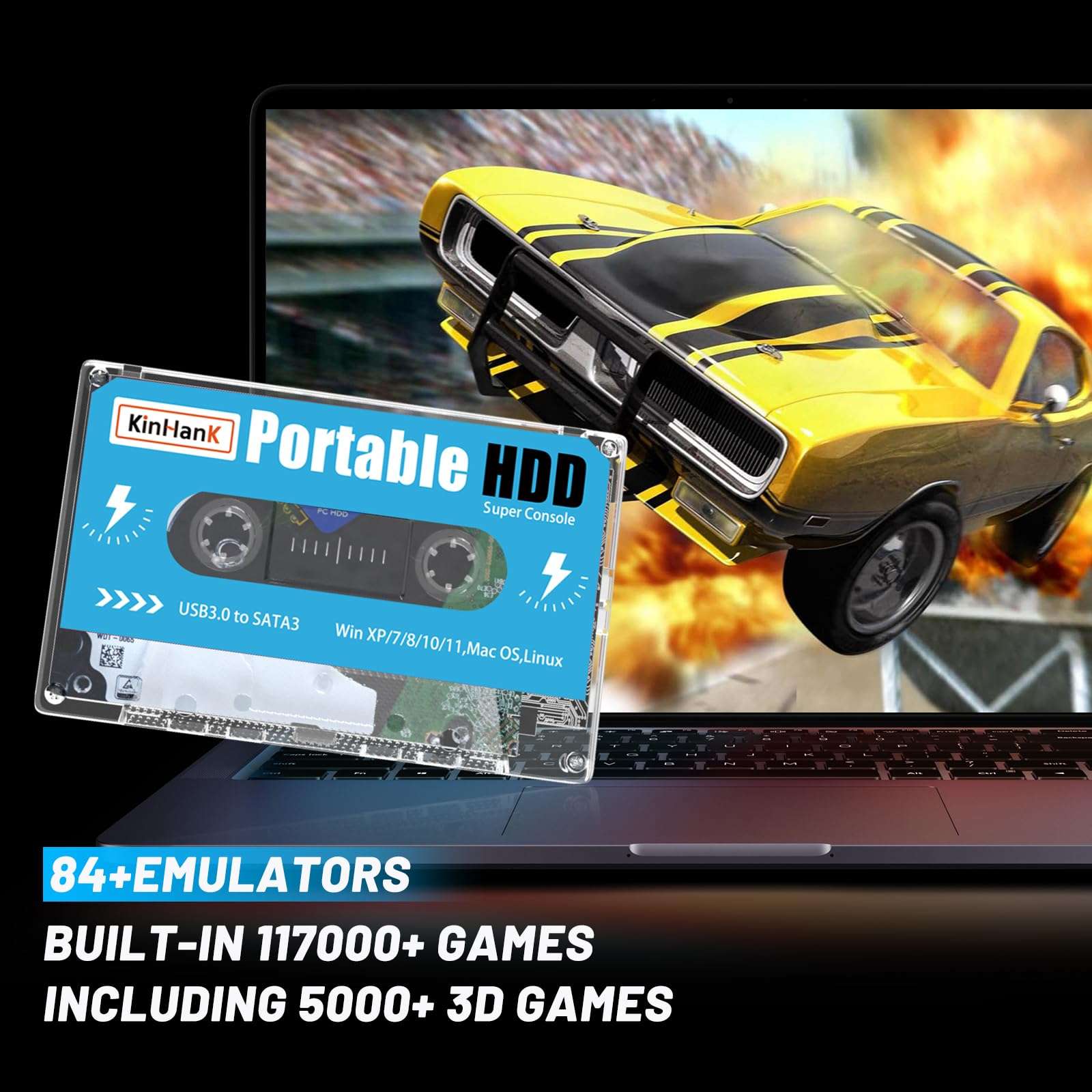 Kinhank 500GB HDD External Hard Drive with Batocera 33,111700 Retro Games,Retro Game Console Compatible with Most Emulators,SATA 3.0,for Laptop/PC/Windows/Mac OS,Plug & Play 3