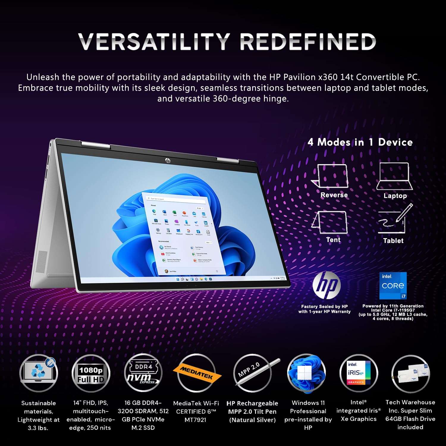 HP Pavilion x360 Laptop 14 i7-1195G7 11th Gen, 16GB RAM, 512 GB SSD, 14" FHD Touch, Win 11 Pro, Wi-Fi 6, Tilt Pen, Silver, B&O Audio, 3.3lbs, 64 GB TW Flashdrive 5