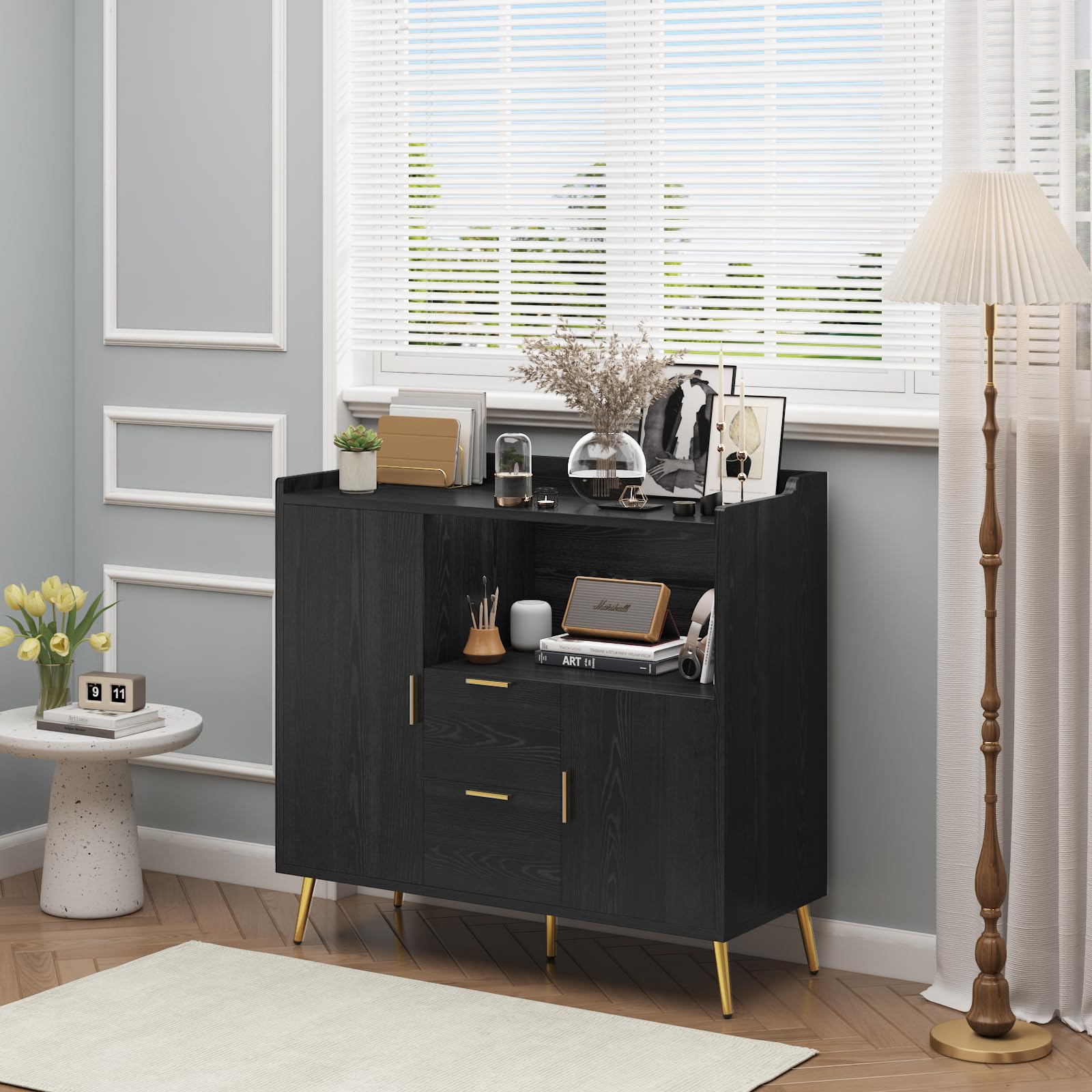IDEALHOUSE Buffet Sideboard with Storage, Kitchen Storage Cabinet, Coffee Bar Cabinet with 2 Drawers and 2 Doors for Kitchen, Dining Room, Entryway