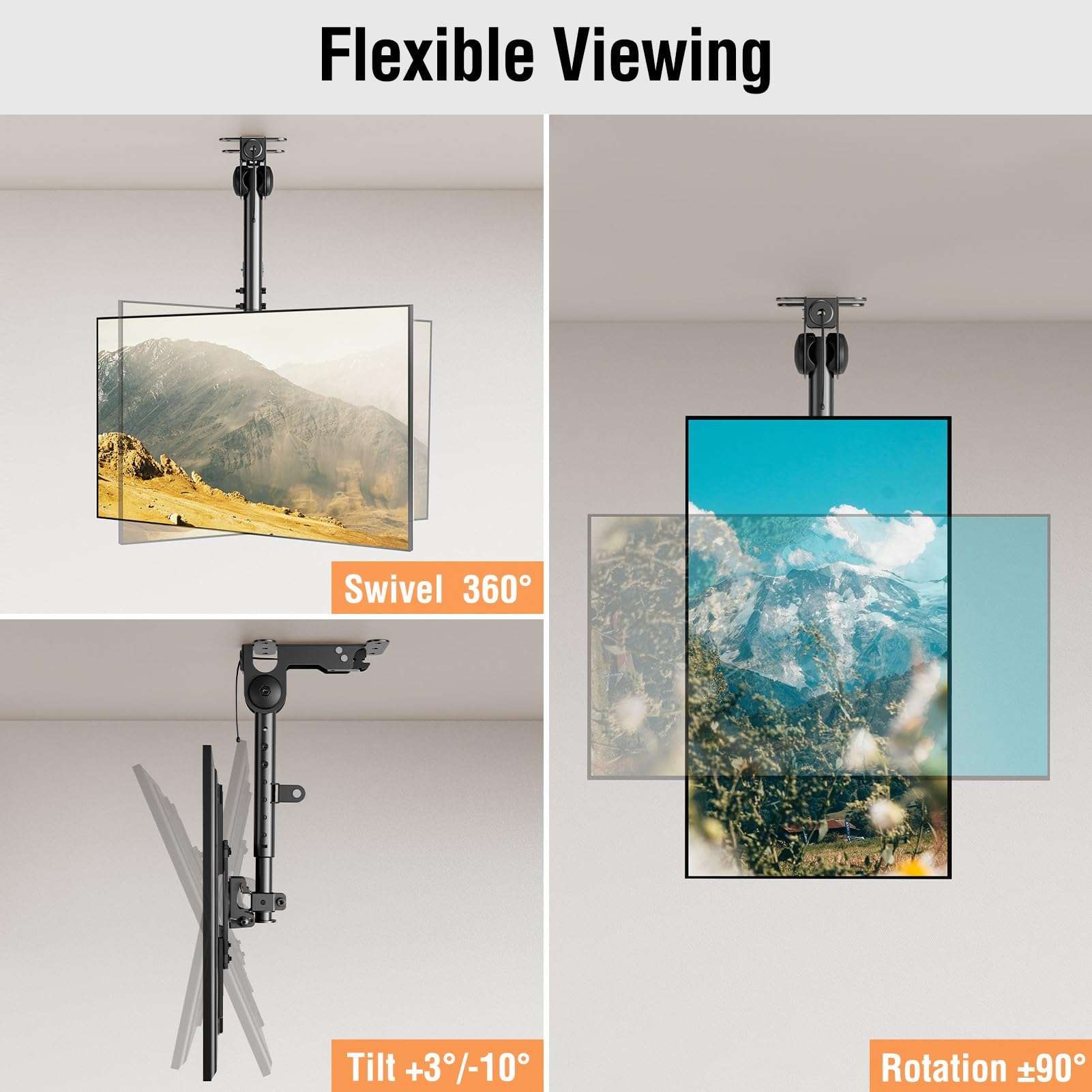 ELIVED Flip Down Ceiling TV Mount for Most 14"-40" TVs 360° Swivel Height Adjustable, Long Arm TV Wall Mount for Most 32-75 Inch TVs, 37.9 Inch Long Extension Corner TV Mount 5