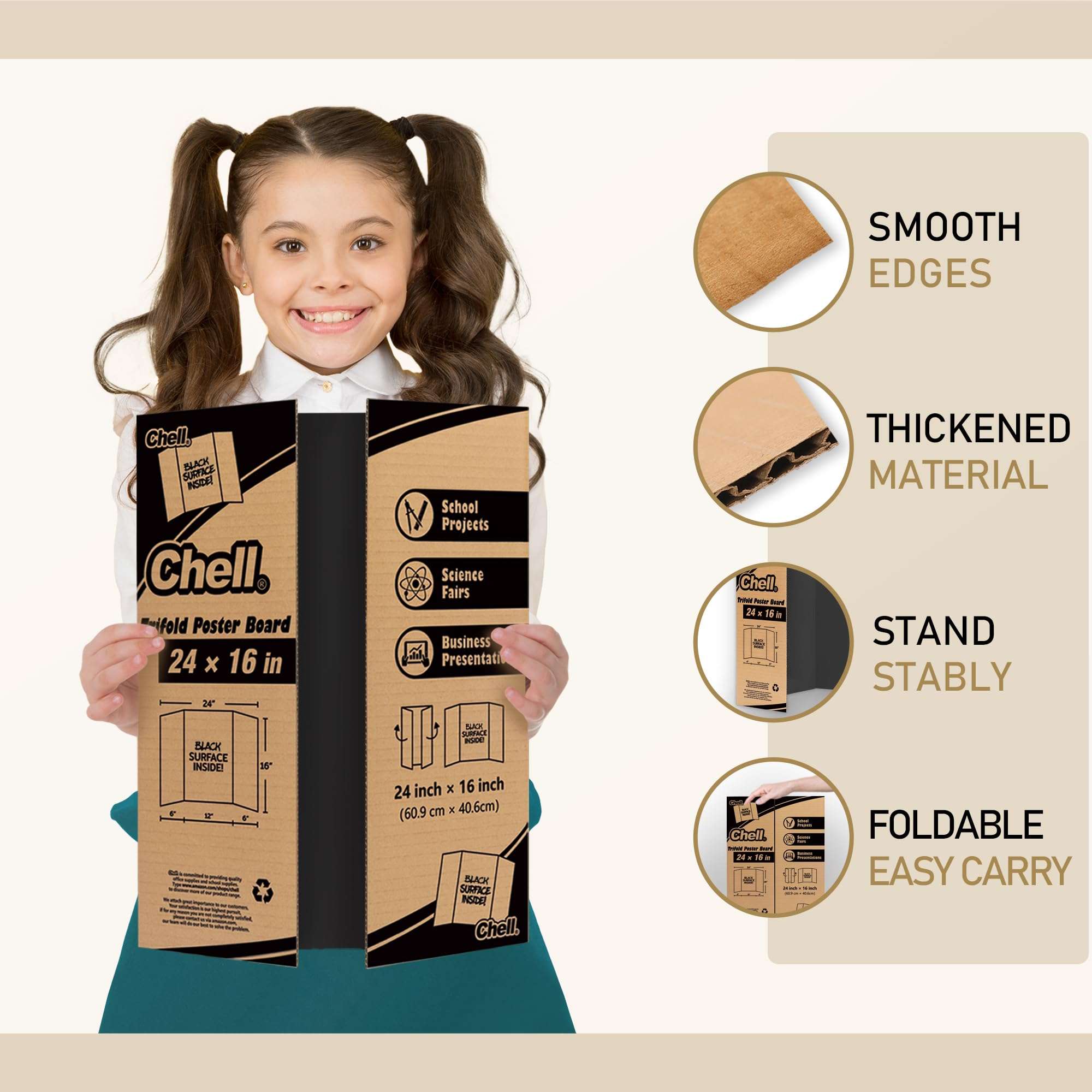 Chell Mini Size Trifold Poster Board, 16" x 24", Small Corrugated Project Boards, Black, 2 Pack 4