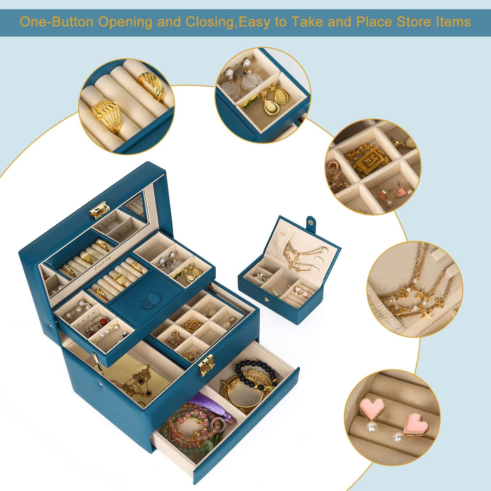 Jewelry Box with 3 Layer for Women Girls One-button Display Your jewelry Easy to Take and Place Storage 5