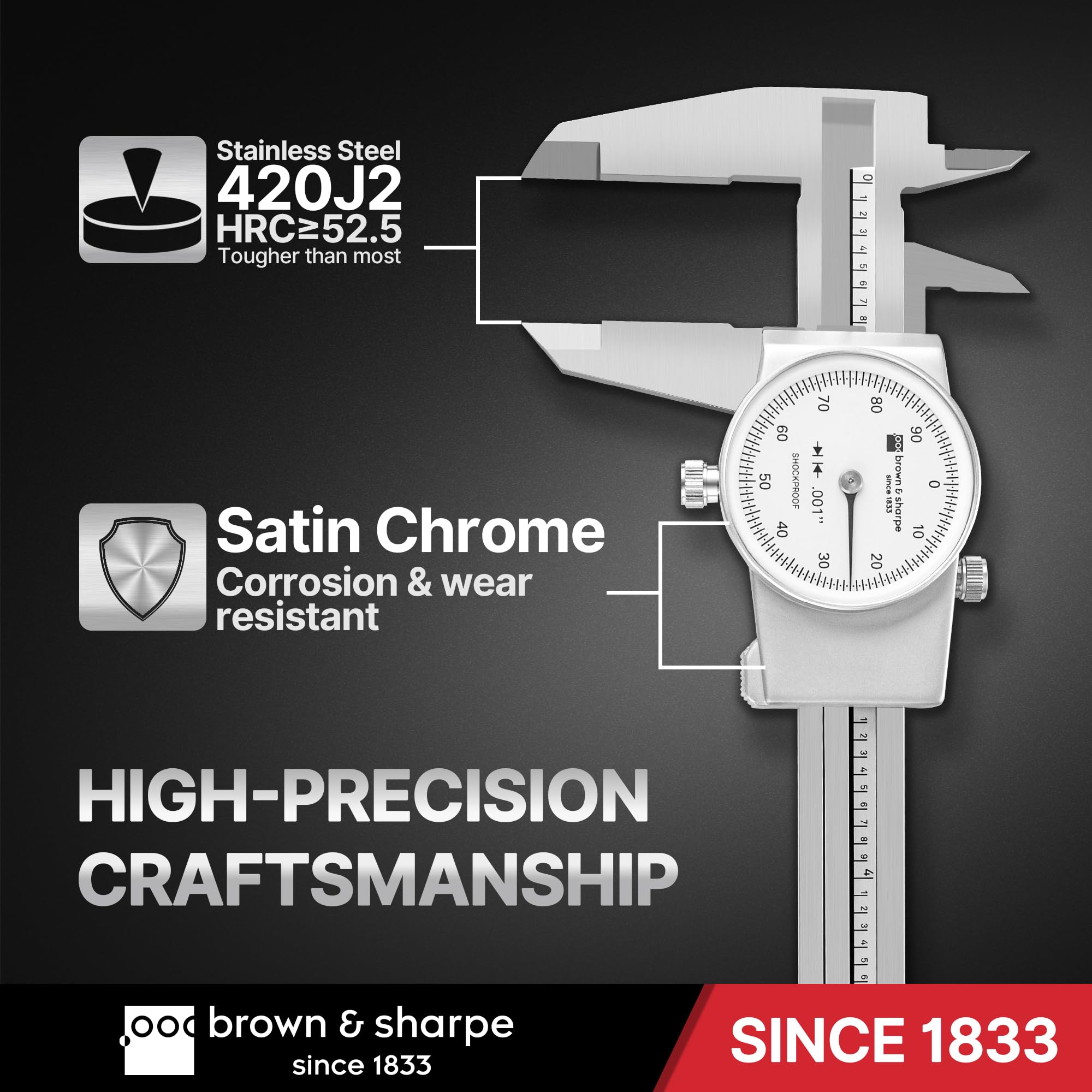 Brown & Sharpe 6-Inch Dial Caliper – Precision Stainless Steel Measuring Tool, White Dial, 0.001" Resolution, Hardened Construction, Shockproof Movement 5