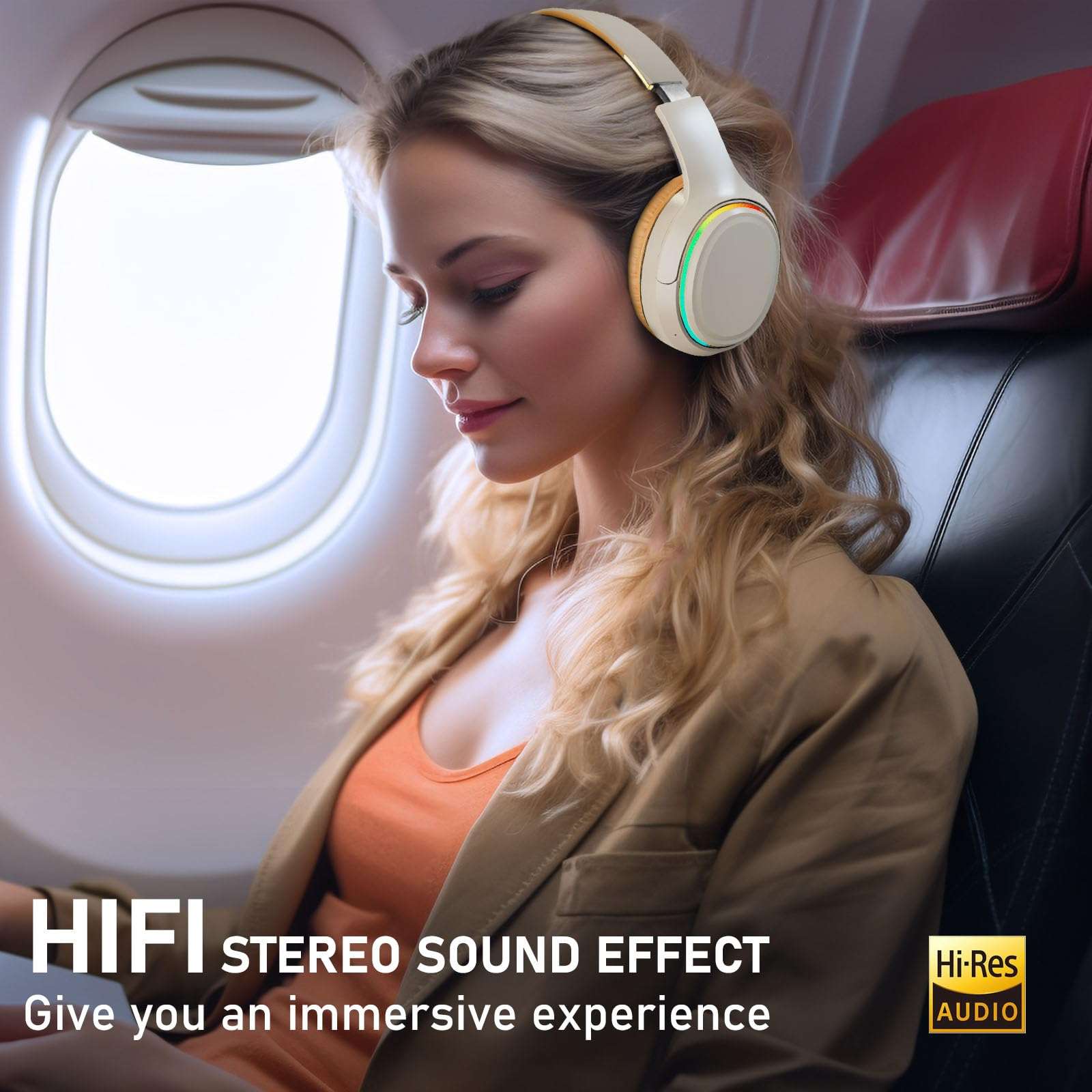 OOYY Foldable Over-Ear Headphones with Hidden Mic for Cell Phone, Wireless Bluetooth Headphones with RGB LED Lighting (Khaki) 3