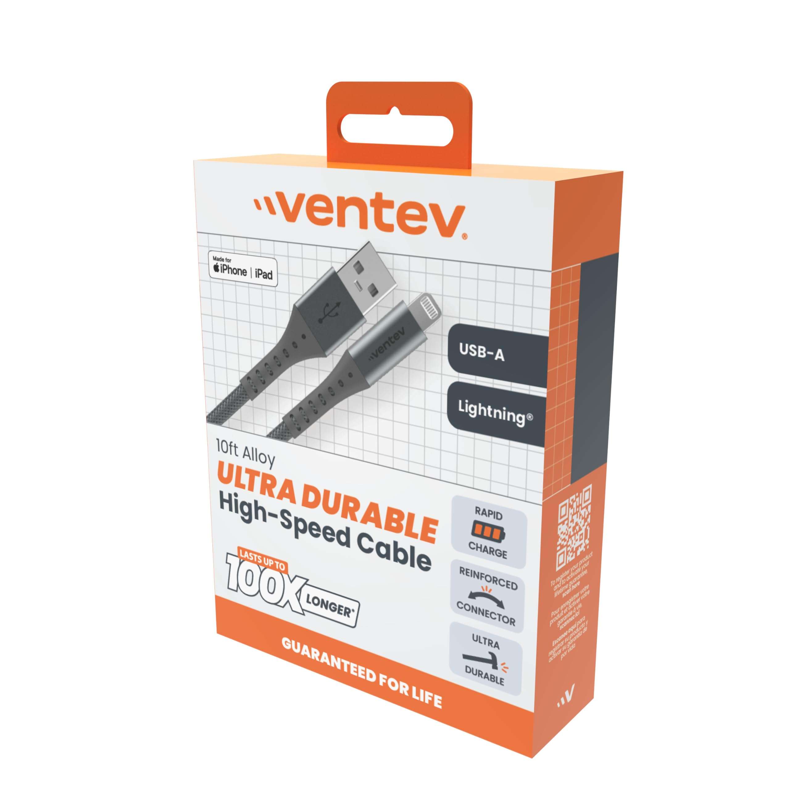 Ventev ChargeSync Apple Lightning Cable | Rapid Charging to 2.4A/12W at Max Rates, Mfi Certified, Brushed Aluminum Housing, No-Fray Durability, Designed for Cases | 10Ft Grey 1