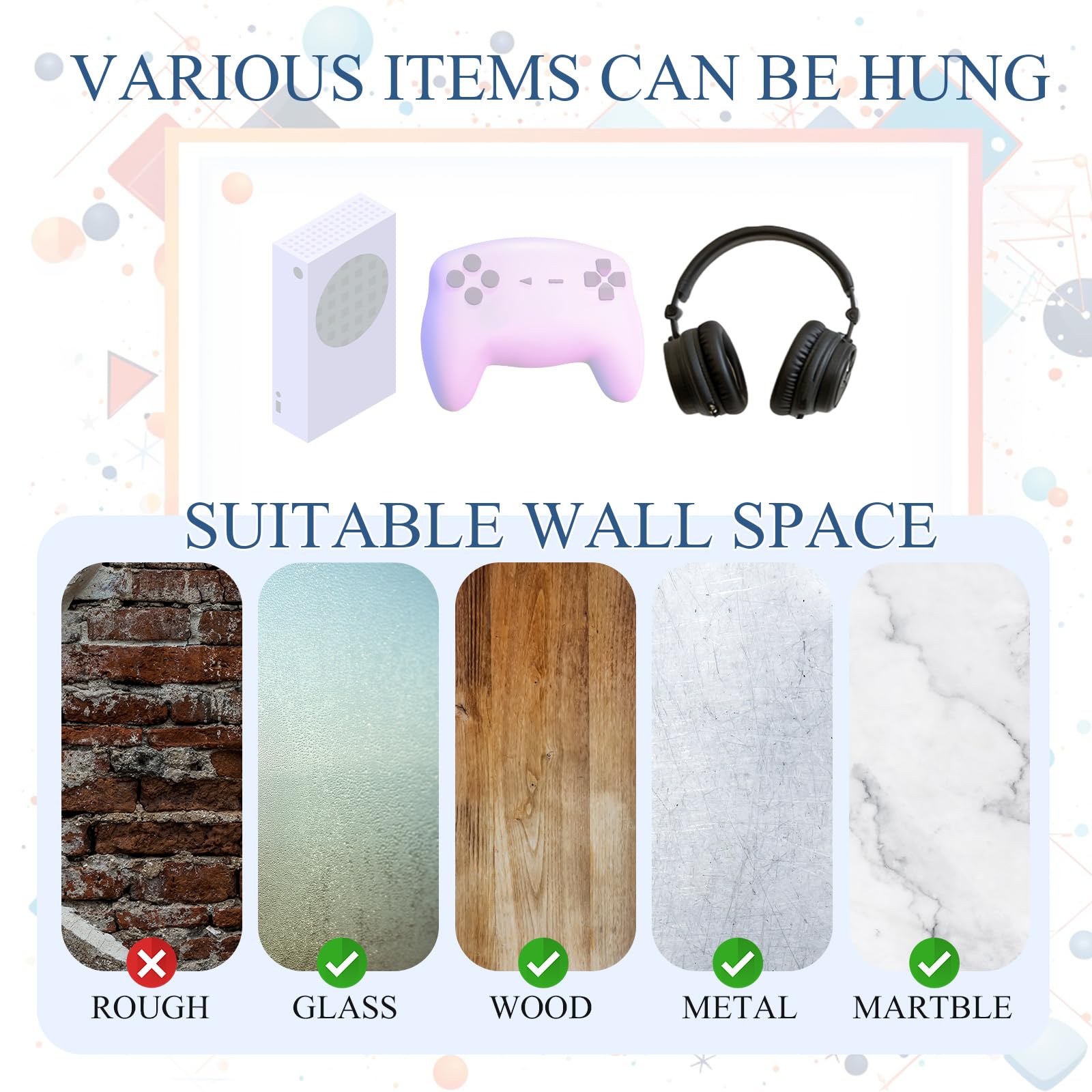 Wonderjune Wall Mount Compatible with Xbox Series S, Thick Wall Mount Set with 4pcs Controller Holder 2 Pcs Headphone Hanger Metal Stand Compatible with Xbox Series S 6
