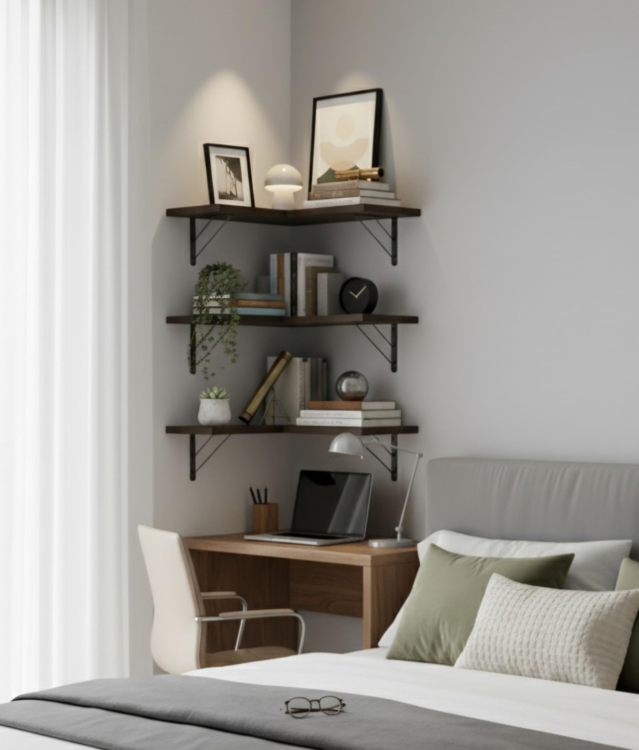 FireBees Wooden Corner Wall Shelves | 3 Tier Floating Wall Mounted Shelf for Living Room & Bedroom | Stylish Book Shelf & Home Decoration Rack for Storage | Room Corner Decoration Items 5