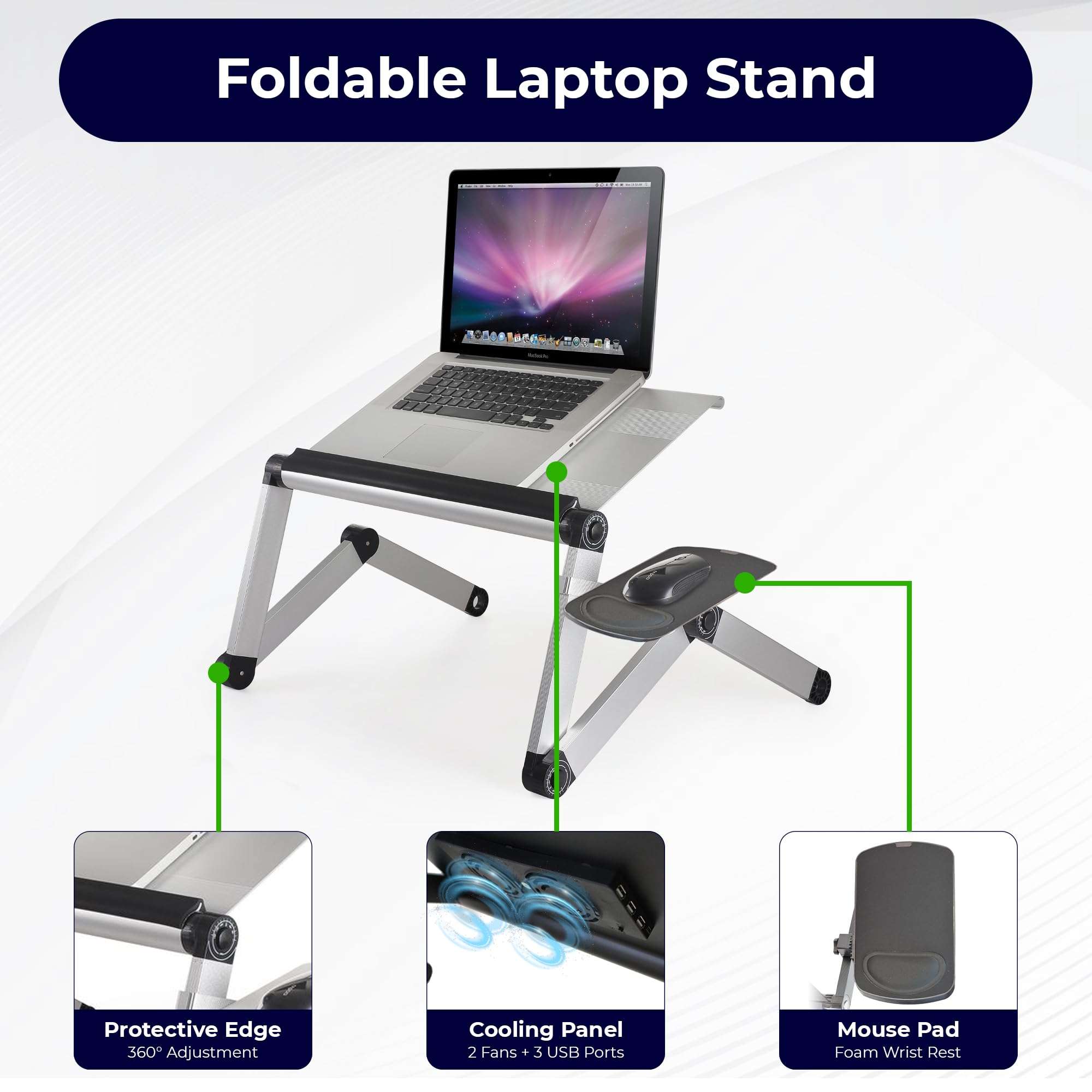 WorkEZ Cooling Adjustable Laptop Stand for Desk w/Fan USB Ports Mouse Pad Ergonomic Foldable Laptop Stand Riser Portable Computer Holder, Silver 3
