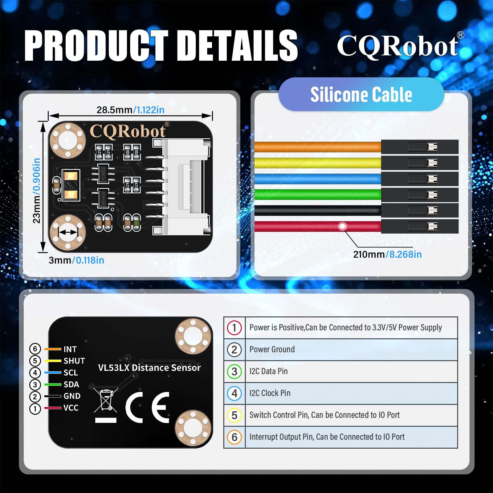 CQRobot VL53L1X Time-of-Flight (ToF) Long Distance Ranging Sensor, Compatible with Raspberry Pi/Arduino/STM32 Board, I2C Interface. for Mobile Robot, UAV, Detection Mode, Camera, Smart Home. 3