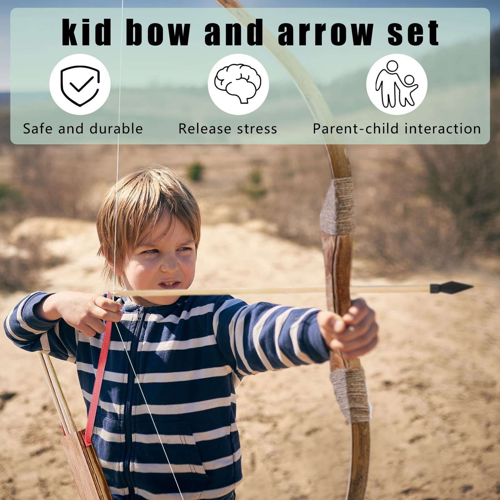 Lenwen 4 Sets Wooden Bow and Arrow Archery Set Includes Wooden Bow Wood Arrows and Arrow Holders Handmade 32 Inch Toy Bow and Arrow Archery Set Outdoor Indoor Games Toys Gifts for Youth (Brown) 4