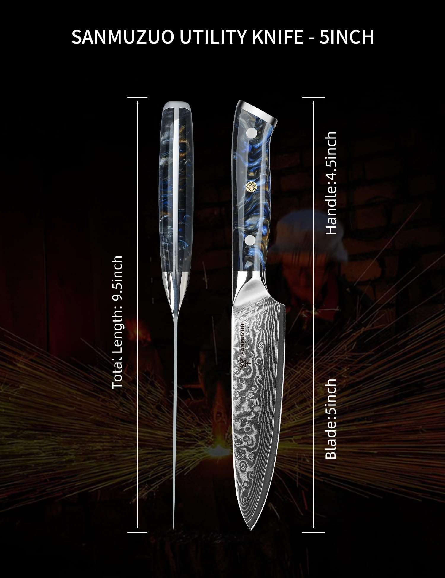 SANMUZUO 5 Inch Kitchen Utility Knife - Xuan Series Kitchen Knives - VG10 Damascus Steel with Resin Handle (Starry Black) 5