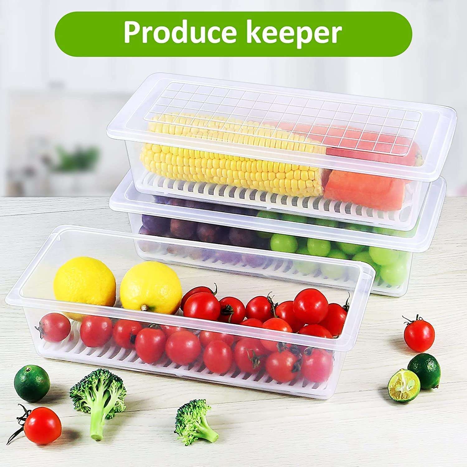 saleszon|| Fridge Storage Boxes Fridge Organizer with Removable Drain Plate Tray Keeps Fruits, Vegetables, Meat, Fish Fresh Longer 1500 ML (4) 6