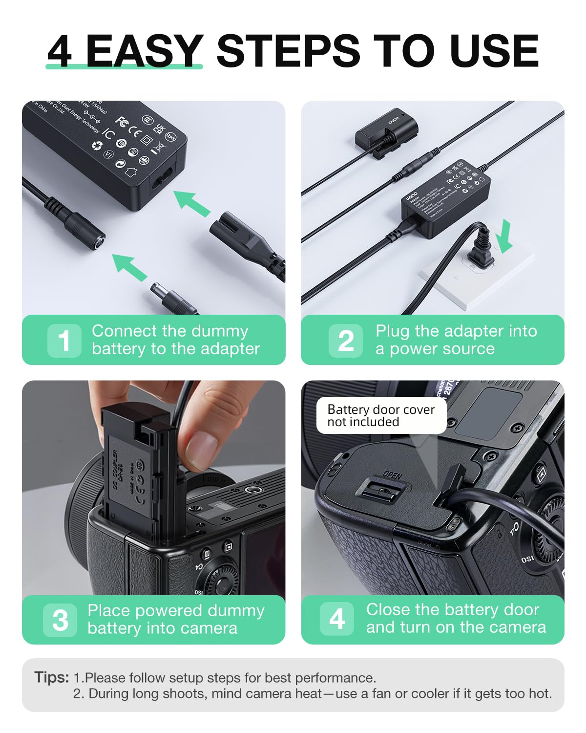 llano LP-E6 LP-E6N LP-E6NH Dummy Battery AC Power Adapter Kit Compatible with Canon EOS R6/R7 Mark II, 5D/6D/7D Mark II/III/IV, 60D/70D/80D/90D Continuous Power Supply for Studio Shoots 5