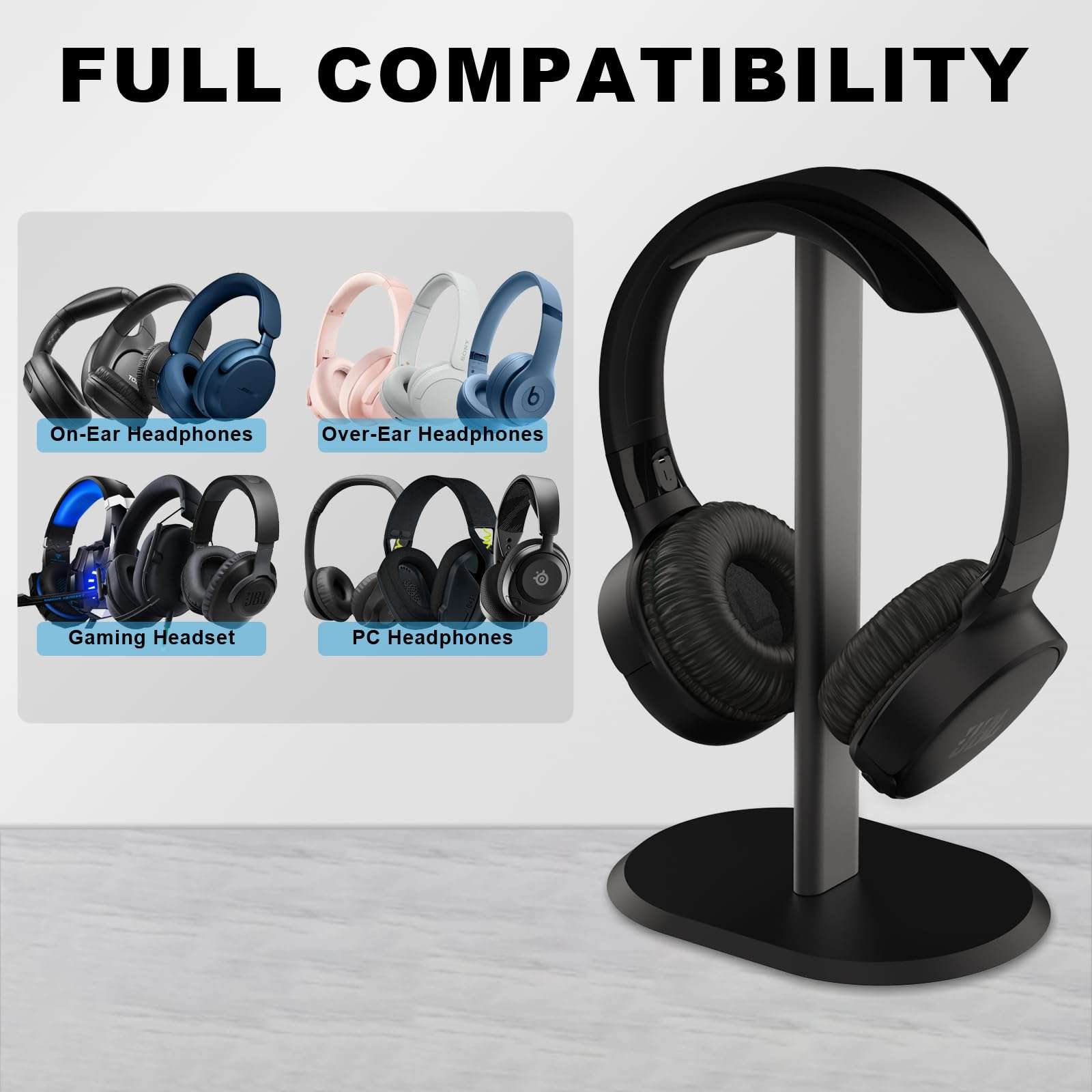 DR·AMIU Headphone Stand, Headset Holder for Desk with Aluminum Supporting Bar Compatible with All Over-Ear On-Ear Headphones Size, Black 3