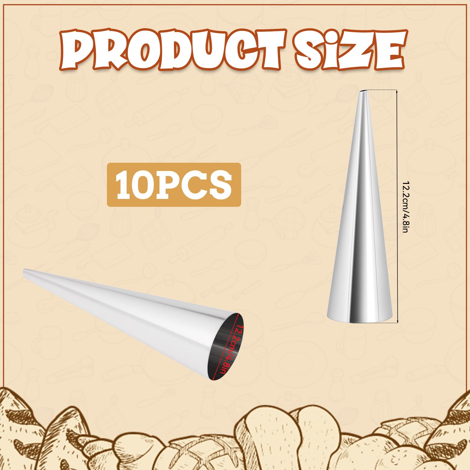 10Pcs Cream Horn Molds Forms 5 Inch, Non-stick Cream Horns Pastry Mold Croissant Baking Forms Stainless Steel Cannoli Tubes Ice Cream Cone Molds for Baking Croissants, Ice Cream Cone Party Dessert 3